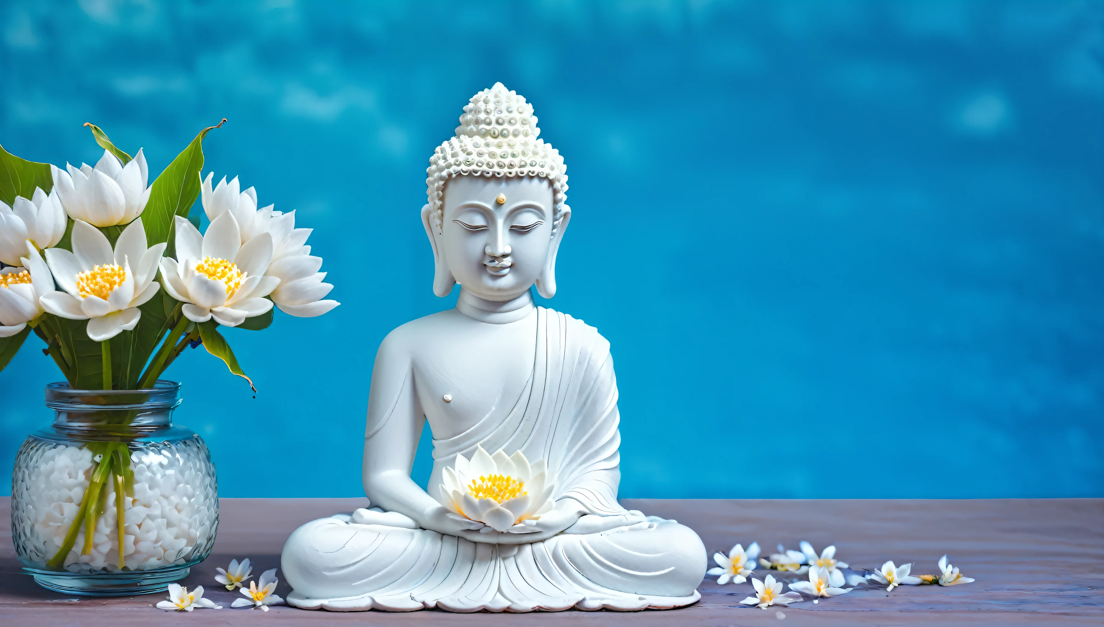 Buddhist holy day celebrating Siddhartha Gautama White flower adorned Buddha statue on blue backdrop Mental well being and meditation theme Soft focus room