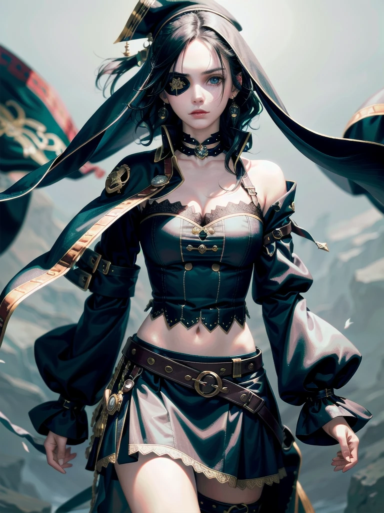 pirate clothing, Long-sleeved pirate top, Skirt, boots, eyepatch, absurdres, RAW photo, extremely delicate and beautiful, masterpiece, Best Quality, ultra high resolution, 32k, hyperrealistic, ultra-detailed, detailed beautiful face and eyes, tearful mole, earring, short medium hair, wavy hair,