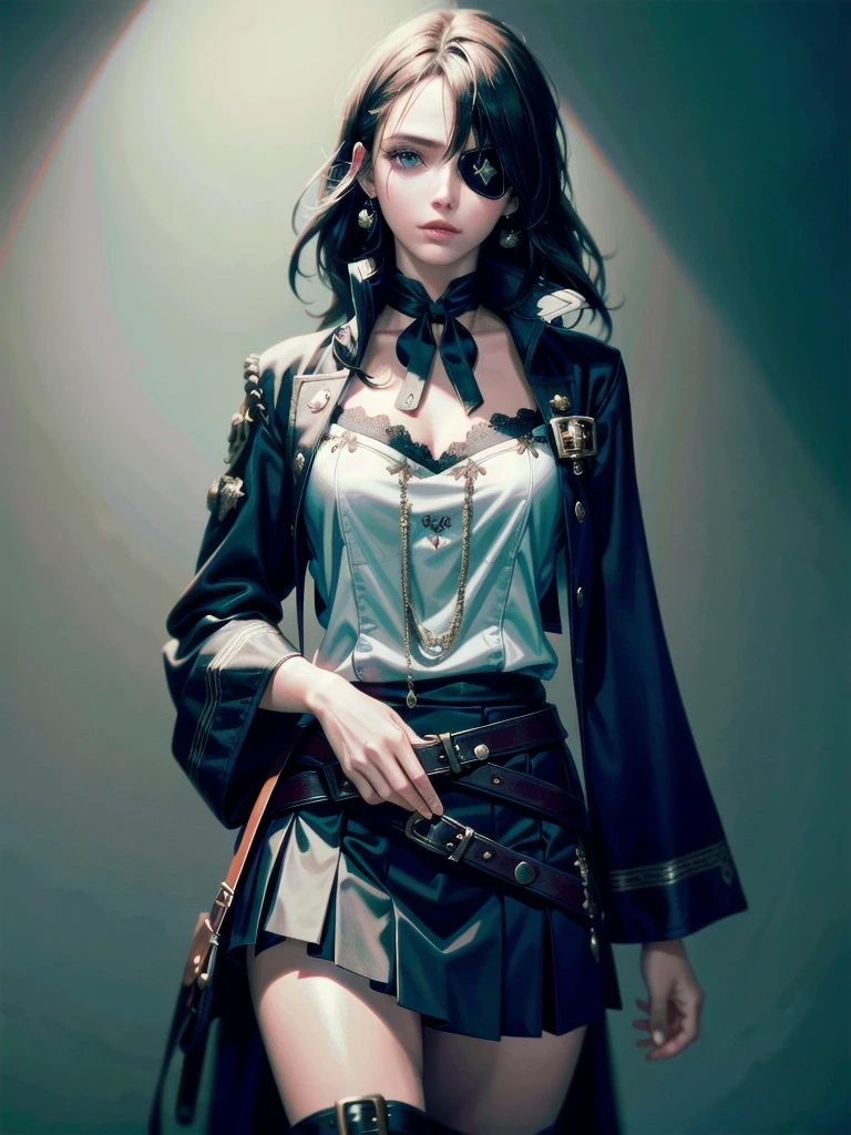 pirate clothing, Long-sleeved pirate top, Skirt, boots, eyepatch, absurdres, RAW photo, extremely delicate and beautiful, masterpiece, Best Quality, ultra high resolution, 32k, hyperrealistic, ultra-detailed, detailed beautiful face and eyes, tearful mole, earring, short medium hair, wavy hair,