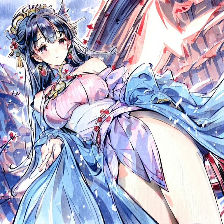 (best quality, masterpiece), Wulin Beauty , Off-shoulder, skirt, The blue gauze skirt looks at the audience, blush, Upper Body,Watery eyes，Innocent expressions，Miaoman's posture，Medium breast，Cherry red lips,Warm and soft，Water Lily，Double hair cape，4K，Mountains and forests