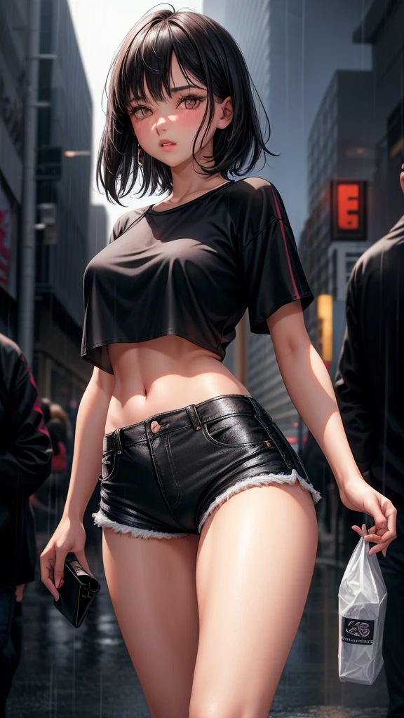 realistic, 1girl, black hair, black eyes, glowing eyes, backless black crop top, black shorts jeans, parted lips, blush, night, rain, camel toe,