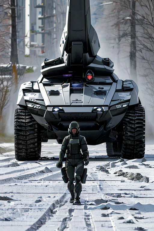 A state-of-the-art hybrid military vehicle, designed for both on-road and off-road maneuverability. Its sleek, futuristic exterior is a seamless blend of armored plating and aerodynamic curves. The vehicle's paint job is a stealthy matte black, broken up by subtle hints of metallic gray and silver. The front end is dominated by a powerful, yet efficient, hybrid engine with twin turbochargers. Flanking the engine are two large, aggressively-styled headlights, capable of illuminating the darkest of battlefields. The windshield is designed to deflect projectiles and protect the driver from shrapnel.