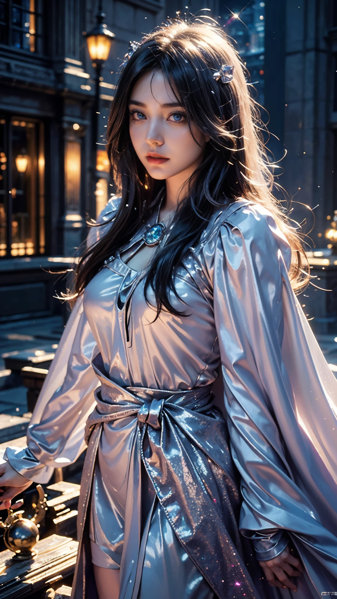 4k, UHD, masterpiece, 1 girl, good face, ((detailed eyes)), very long hair, impressive hairstyle, perfect brasts, fantasy cosplay, ((white cosplay)), strap cosplay, cape, night city, building, lamps, depth of field, reflection light, ((sparkle)), chromatic aberration,