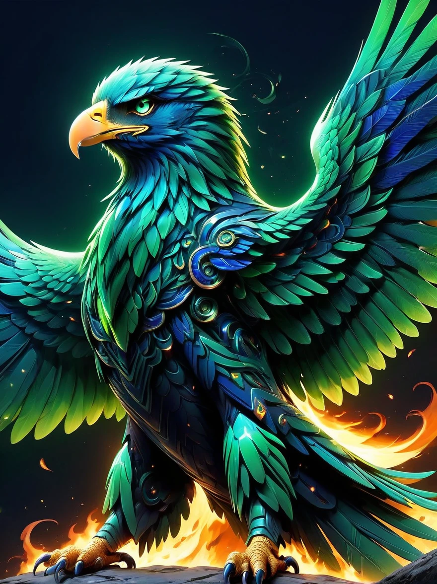 A powerful eagle，A spectacular spectacle of green and blue，This unique creature soars in the sky，Its majestic wings spread，Dancing flames burning in these unconventional colors，Vibrant emerald green and deep sapphire blue flames illuminate its shape，Creates a captivating scene that is both powerful and beautiful，Fiery eyes，sharp beak，paw，They all emit cold flames