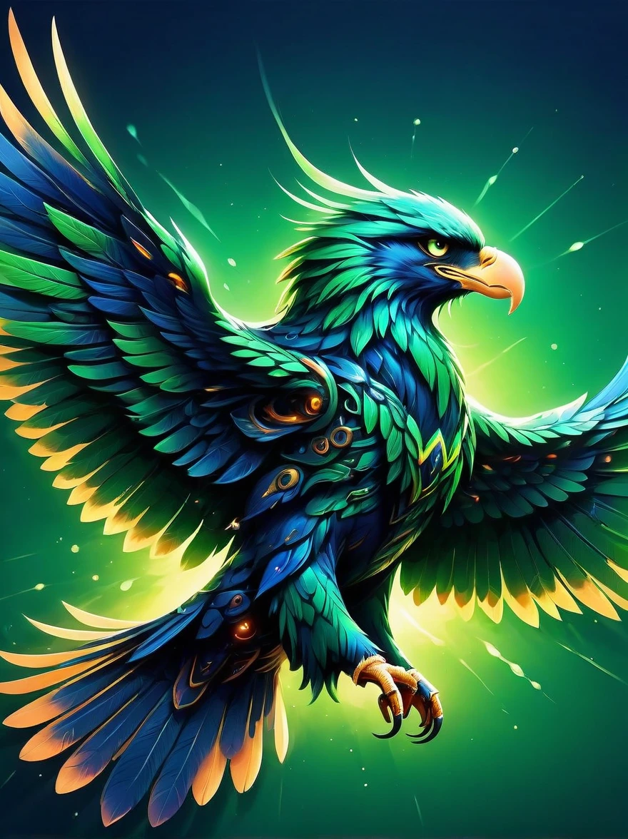 A powerful eagle，A spectacular spectacle of green and blue，This unique creature soars in the sky，Its majestic wings spread，Dancing flames burning in these unconventional colors，Vibrant emerald green and deep sapphire blue flames illuminate its shape，Creates a captivating scene that is both powerful and beautiful，Fiery eyes，sharp beak，paw，They all emit cold flames