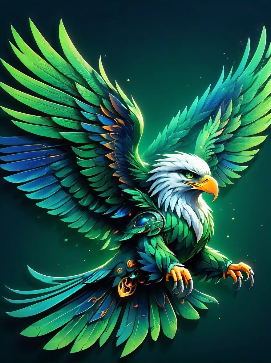 A powerful eagle，A spectacular spectacle of green and blue，This unique creature soars in the sky，Its majestic wings spread，Dancing flames burning in these unconventional colors，Vibrant emerald green and deep sapphire blue flames illuminate its shape，Creates a captivating scene that is both powerful and beautiful，Fiery eyes，sharp beak，paw，They all emit cold flames