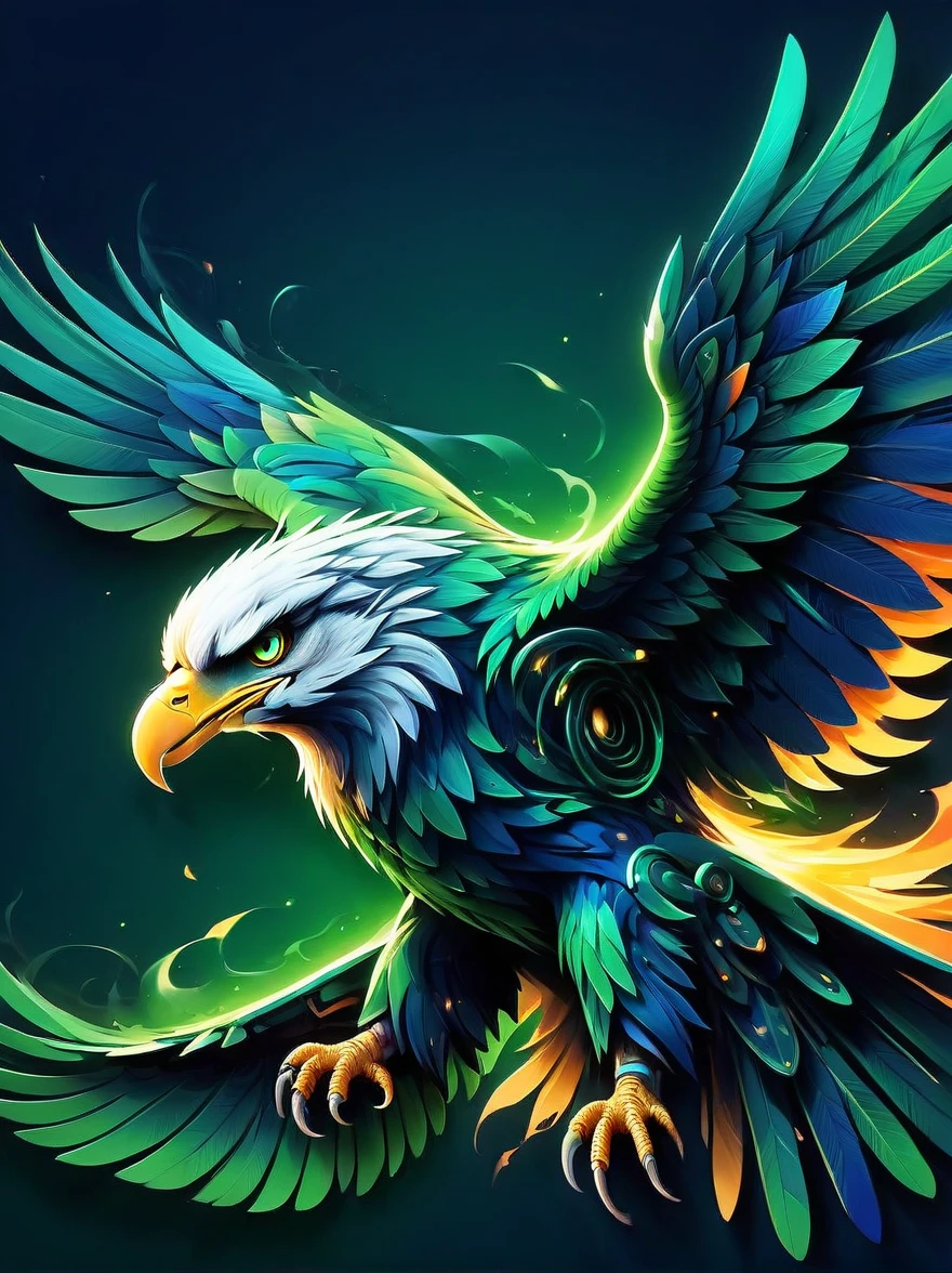 A powerful eagle，A spectacular spectacle of green and blue，This unique creature soars in the sky，Its majestic wings spread，Dancing flames burning in these unconventional colors，Vibrant emerald green and deep sapphire blue flames illuminate its shape，Creates a captivating scene that is both powerful and beautiful，Fiery eyes，sharp beak，paw，They all emit cold flames