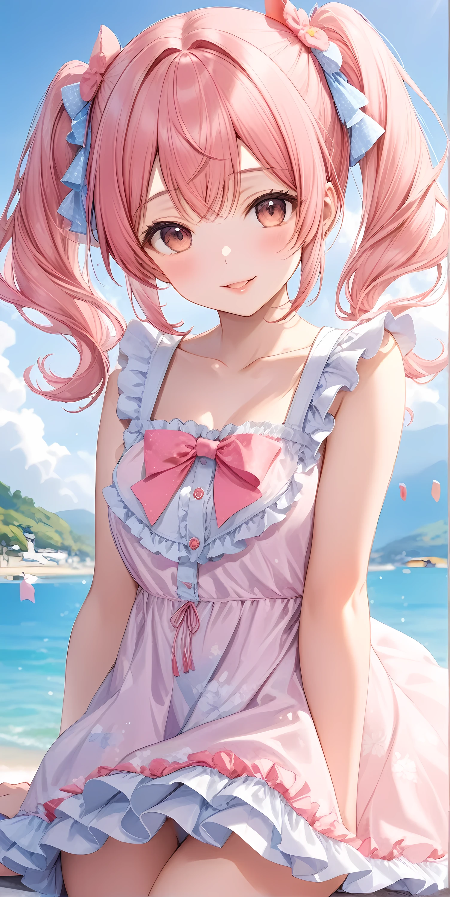 Super detailed, Japanese , ( -yeld gi,Look at the photographer､  (Twin tails, Scrunchie,  Pink Hair, nekomimi),  Glossy Lips, Natural smile、 Center image,  Perfect limbs, Perfect Anatomy,(Summer dresses with ruffles),Suggestive