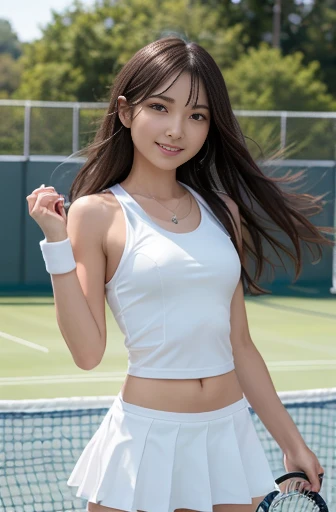 a lot of details, (slender waist), 30 years old, detailed black hair, beautiful detailed hair, super fucking beautiful, complex details beautiful and delicate eyes, perfect hands, (small breasts best quality), perfect and delicate limbs, detailed skin, best quality, ultra-detailed,
gigantic scale,whole body, look up, depthoffield, (enjoying tennis), flowing hair, hair blowing with the wind, cheerful grin,(tennis racket:1.2), (tennis wear:1.3), Tennis court,