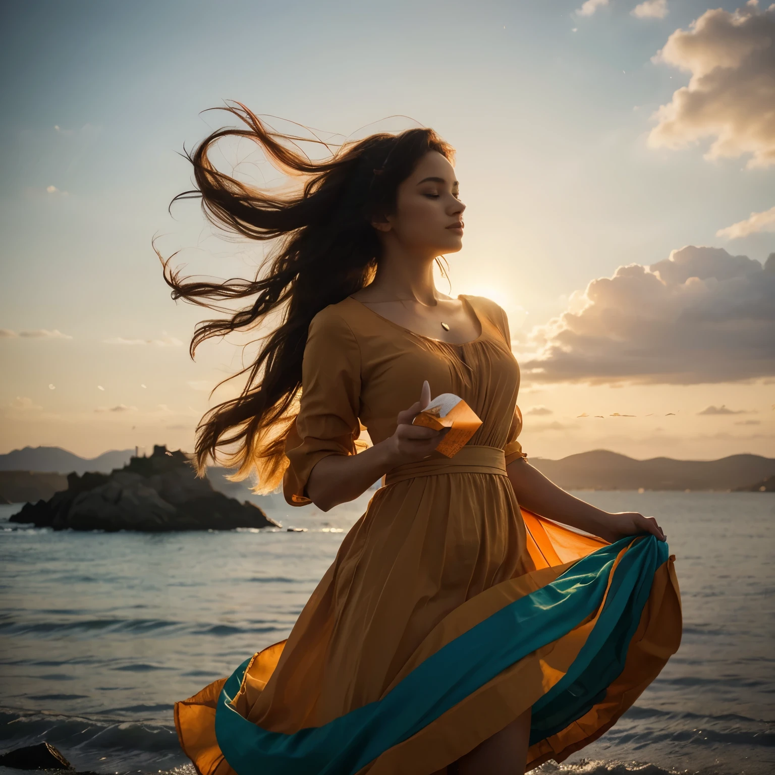 In this fascinating image, a woman's silhouette emerges against a breathtaking backdrop of Vibrant orange hues. Calm, Swirling Wind, Her flowing hair and fluffy dress give her a mysterious aura.. The letter she is holding seems to be floating in the air., The words written in the script dance in the wind. This enchanting scene is、Amazing, high-resolution photographgraph, The painting skillfully captures the woman's graceful posture and the dynamic movement of light and shadow.. By paolasalome. With a seamless blend of colors and perfect attention to detail、This painting is a testament to the artist's skill and the mysterious allure of the woman.。., Vibrant, 3D Rendering, Cinematic, figure, anime, portrait photographgraphy, Conceptual Art, photograph, Painting