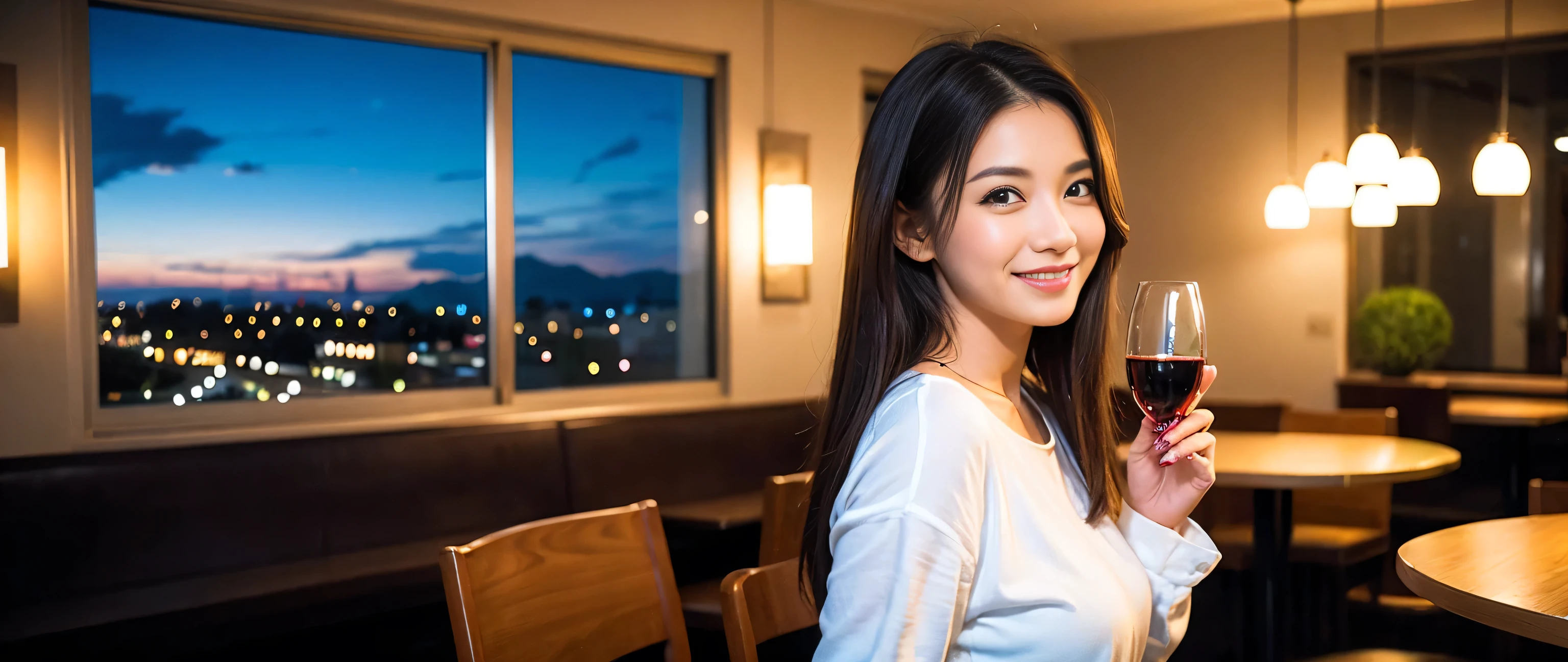 ((highest quality、8k、masterpiece:1.3))、Sharp focus:1.2、Beautiful woman perfect body:1.4、Slim body、((Bob Hale、Straight hair:1.2))、(to be born, highest quality, masterpiece:1.5), (Realistic, Intricate details:1.2), Wine glass on the table、Shine the light in your face、 Amazing view of the sunset sky and clouds、Amazing mountain views、A bright smile、A lovely woman with a smile、Bright image、The beauty of wine, Beautiful Face, blue eyes, The light shines on your face, Blushing, short hair,Bright Face、Fox face、 (43 years old), 39 years old, Lady、red wine 、Appetizers、Italian food、Wine bottle、Champagne、sparkling wine、Two beauties、Brown Hair、Shortcuts、Long sleeve shirt、dress、Pretty Woman 1, (Slim face), (The body is slim), (Brown Hair), (Shortcuts), cheeks turn a little red,Attractive beauty、, Out of the window, A beautiful and detailed night view unfolds.........., restaurant, In a prominent place (From the waist up) Nova Frog Style, actress, model, Upper Body, White wine, slim, wine glass, A wine glass placed in the middle, smile, (smile: 1.15), Beautiful fine grain, Depth f/2,saturation, High Contrast, Strong light and shadow,Moist Body:1.5、3D texture、Delicate eyes、Brown Hair、The hair is very shiny、