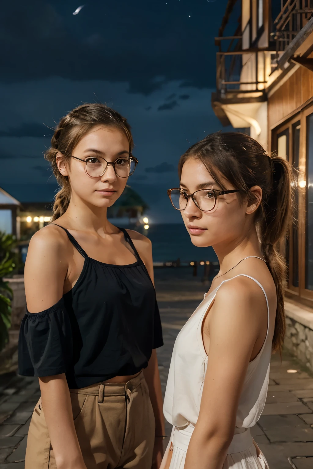 best quality, 2 girls, Uninhabited island, detailed face, night, By separate building, whole body, Tides, ponytail hairstyle, glasses, realistic background, ocean,