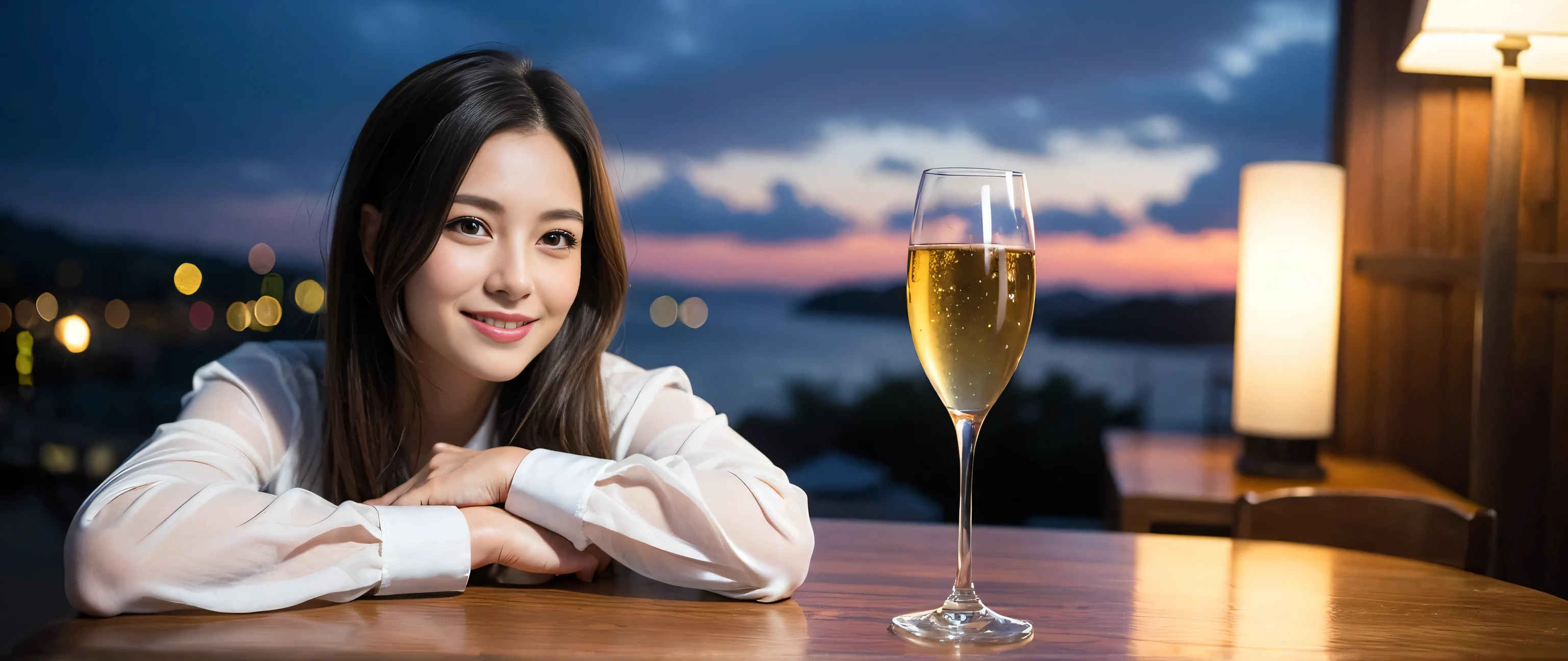((highest quality、8k、masterpiece:1.3))、Sharp focus:1.2、Beautiful woman perfect body:1.4、Slim body、((Bob Hale、Straight hair:1.2))、(to be born, highest quality, masterpiece:1.5), (Realistic, Intricate details:1.2), Wine glass on the table、Shine the light in your face、 Amazing view of the sunset sky and clouds、Amazing mountain views、A bright smile、A lovely woman with a smile、Bright image、The beauty of wine, Beautiful Face, blue eyes, The light shines on your face, Blushing, short hair,Bright Face、Fox face、 (43 years old), 39 years old, Lady、red wine 、Appetizers、Italian food、Wine bottle、Champagne、sparkling wine、Two beauties、Brown Hair、Shortcuts、Long sleeve shirt、dress、Pretty Woman 1, (Slim face), (The body is slim), (Brown Hair), (Shortcuts), cheeks turn a little red,Attractive beauty、, Out of the window, A beautiful and detailed night view unfolds.........., restaurant, In a prominent place (From the waist up) Nova Frog Style, actress, model, Upper Body, White wine, slim, wine glass, A wine glass placed in the middle, smile, (smile: 1.15), Beautiful fine grain, Depth f/2,saturation, High Contrast, Strong light and shadow,Moist Body:1.5、3D texture、Delicate eyes、Brown Hair、The hair is very shiny、