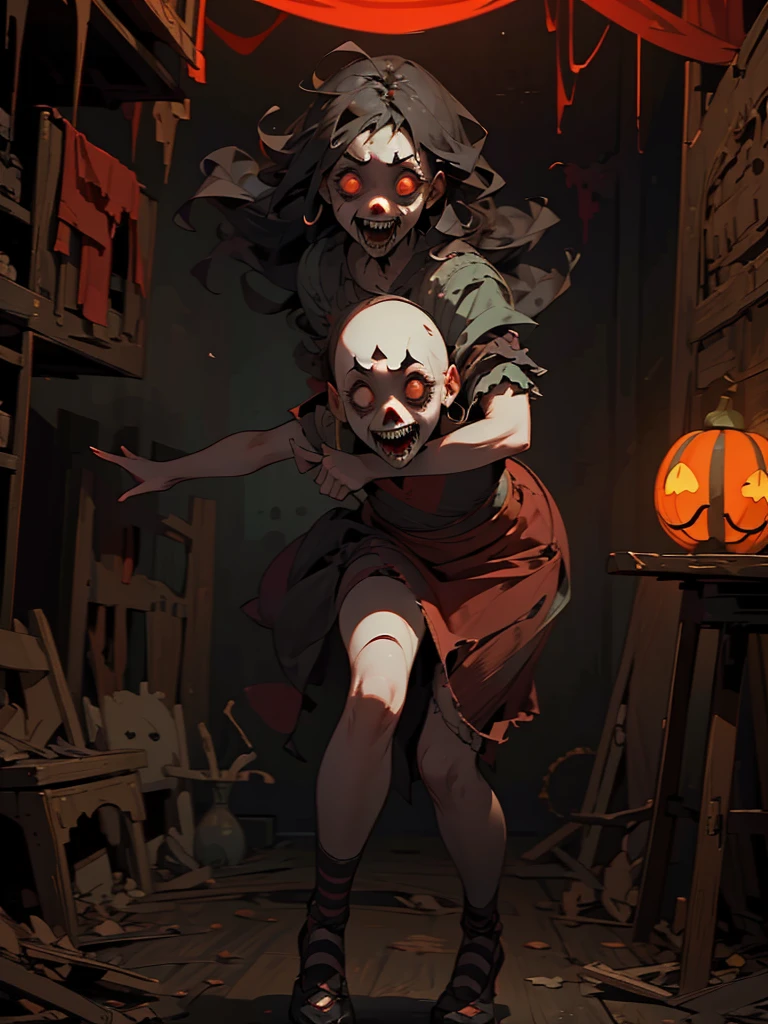 (Brutal horror:1.1、Dark and spooky atmosphere)、A spine-chilling scream、Dimly lit room、Abandoned and dilapidated building、Gruesome and spooky details、An atmosphere full of suspense and tension、Psychological horror、Strong and scary look、Mysterious and unsettling atmosphere、A terrifying moment、Unforgettable、Heart-wrenching scenes、Nightmare scenario、The twisted madness of a murderer、Smiling clown、bright red nose、Open costume、Dramatic lighting effects、Striped shirt、Big shoes、Enthusiastic atmosphere、Mischievous Smile、Expressive gestures、Comical movement、Circus Tent、Festive mood、Exciting performance