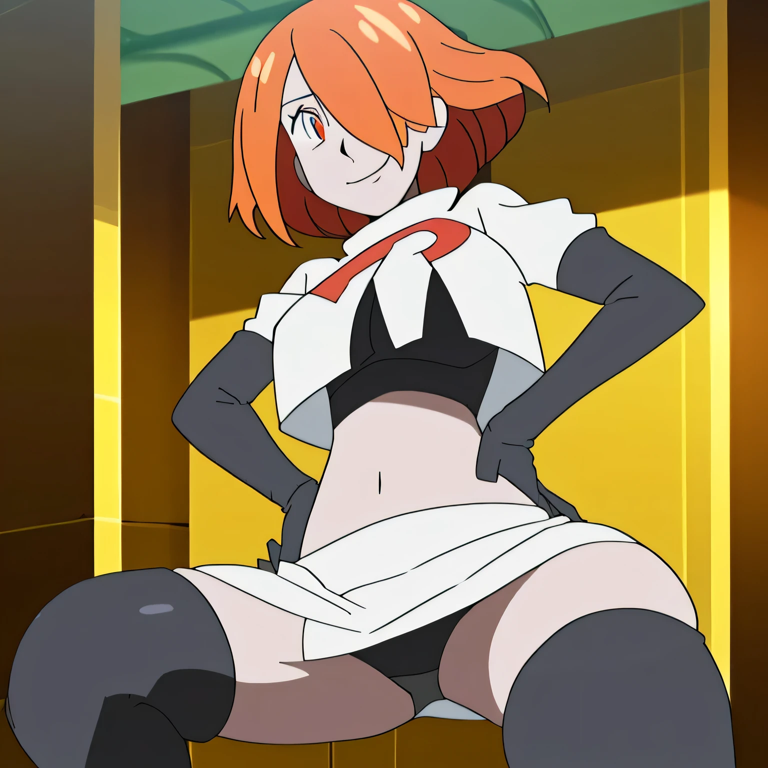((team rocket uniform,red letter r,white skirt,white crop top,black thigh-high boots,black elbow gloves,evil smile,looking at viewer,hands on hips,from below)),(best quality,4k,8k,highres,masterpiece:1.2),ultra-detailed,(realistic,photorealistic,photo-realistic:1.37),((HDR,UHD,studio lighting,extreme detail description,professional,portraits,red color scheme,dramatic lighting)),{{sexy squat on toilet, spread legs,black panties,Kronya, hair over one eye, orange hair, pale skin,UHD}}