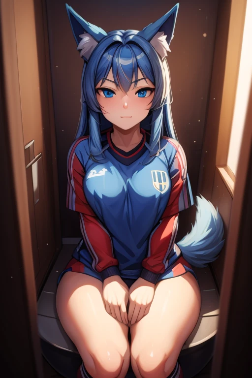 (Masterpiece) (High Detail) (High Res) A short humanoid girl with pale human skin and blue eyes and long blue hair and blue dog ears and a fluffy dog tail is wearing a blue soccer jersey, long red knee-high soccer socks. Big things. Sitting on toilet. Legs together. View from above