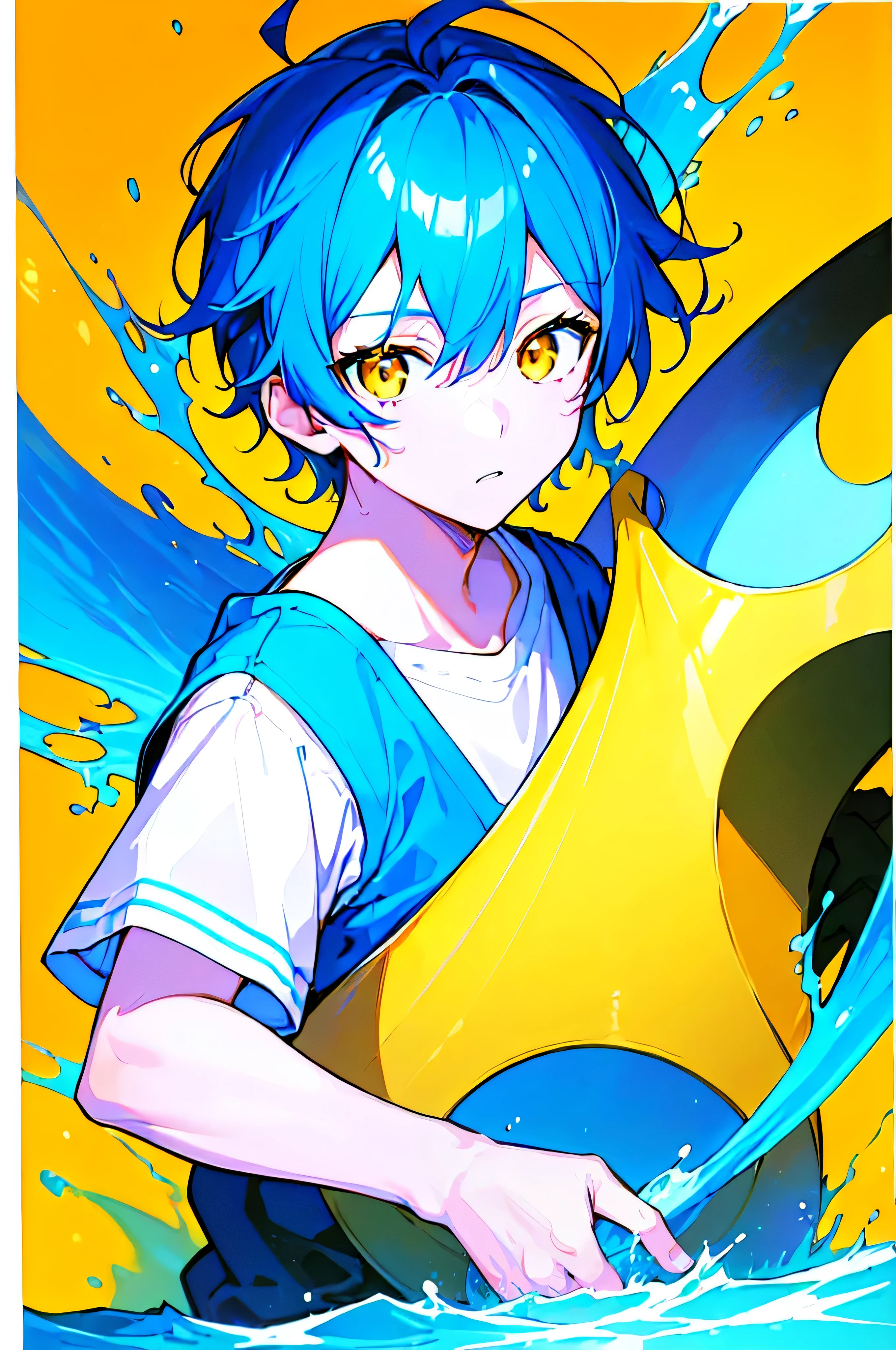 [(SUMMER BACKGROUND:1.5),::5], ((((masterpiece)))), high quality, very_high_resolution, large_filesize, upper body, full color, ((Solo)), ((younger boy)), 13 old year, short deepblue hair, vivid color, ((yellow eye)), Summer modern clothes white, animestyle, (NeonSoda Splash effect:1.3)