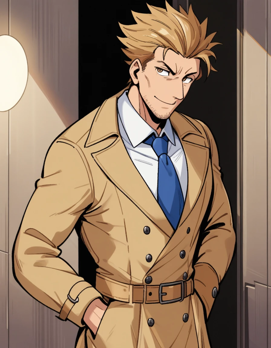 1man, goofy mature detective, ordinary, wavy slicked back spiked hair, yellow-brown hair, shihaku, light-brown eyes, short stubble, Oval-shaped, large eyes, ugly, boned nose, dandy, muscular, solo, upperlegs, white collared_shirt, blue necktie, beige trench_coat, dark worn-out suit, light smile, standing, visual novel, in retro eroge style, 2000s, masterpiece, best quality