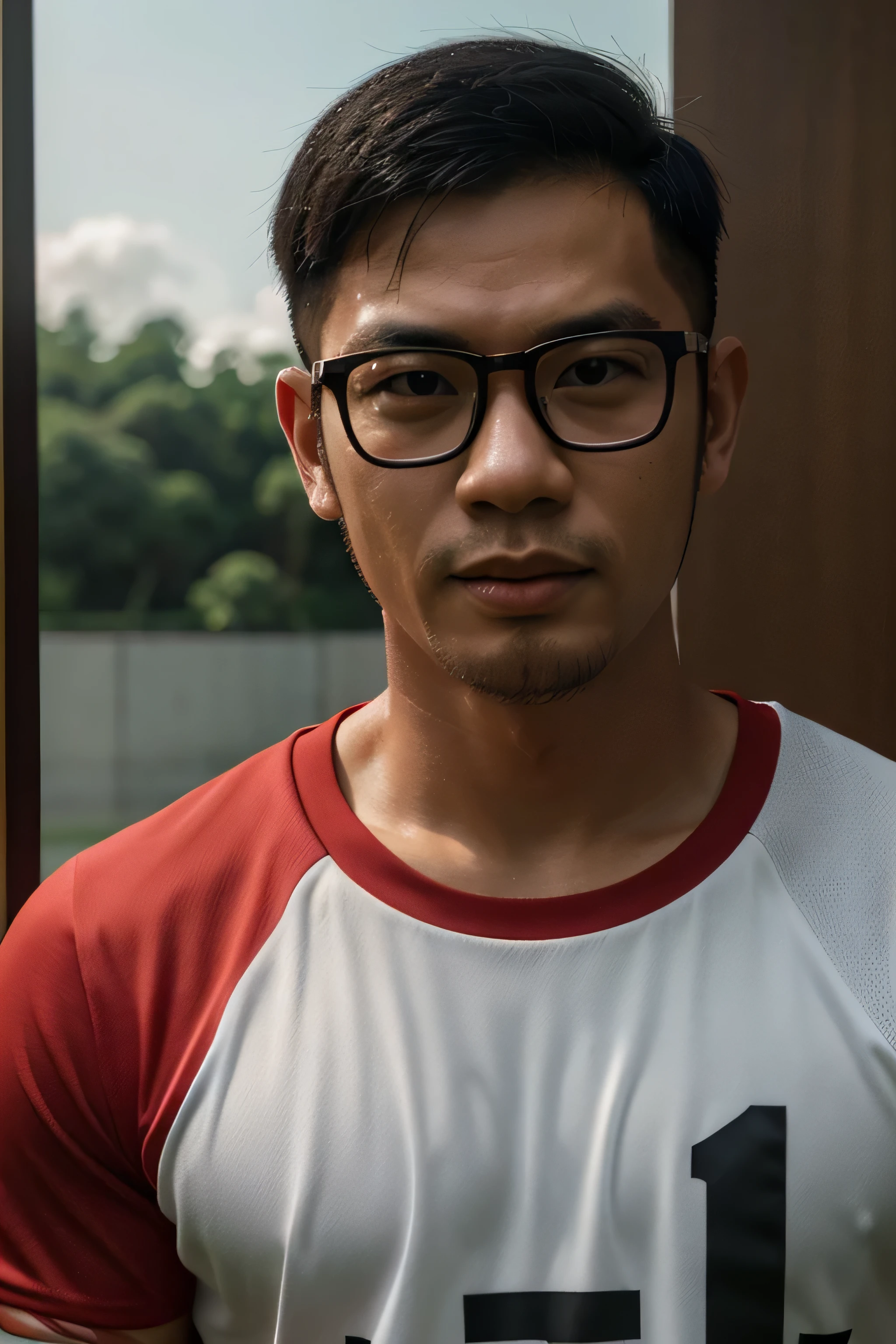 Produced a detailed 64K rendering caricature, of a 28 year old Indonesian man, wearing glasses, Asian Japanese, wearing a red official Indonesian football shirt. plastic, cinematic, 3d rendering, photo, realistic, illustration, 64k