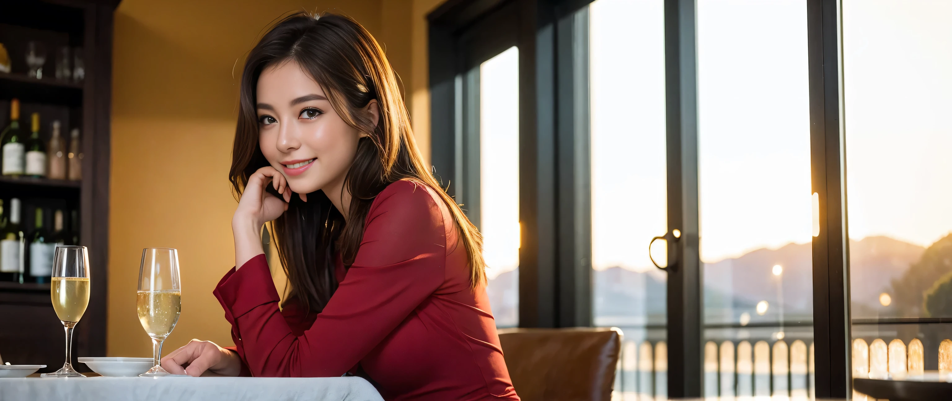 ((highest quality、8k、masterpiece:1.3))、Sharp focus:1.2、Beautiful woman perfect body:1.4、Slim body、((Bob Hale、Straight hair:1.2))、(to be born, highest quality, masterpiece:1.5), (Realistic, Intricate details:1.2), Wine glass on the table、Shine the light in your face、 Amazing view of the sunset sky and clouds、Amazing mountain views、A bright smile、A lovely woman with a smile、Bright image、The beauty of wine, Beautiful Face, blue eyes, The light shines on your face, Blushing, short hair,Bright Face、Fox face、 (43 years old), 39 years old, Lady、red wine 、Appetizers、Italian food、Wine bottle、Champagne、sparkling wine、Two beauties、Brown Hair、Shortcuts、Long sleeve shirt、dress、Pretty Woman 1, (Slim face), (The body is slim), (Brown Hair), (Shortcuts), cheeks turn a little red,Attractive beauty、, Out of the window, A beautiful and detailed night view unfolds.........., restaurant, In a prominent place (From the waist up) Nova Frog Style, actress, model, Upper Body, White wine, slim, wine glass, A wine glass placed in the middle, smile, (smile: 1.15), Beautiful fine grain, Depth f/2,saturation, High Contrast, Strong light and shadow,Moist Body:1.5、3D texture、Delicate eyes、Brown Hair、The hair is very shiny、