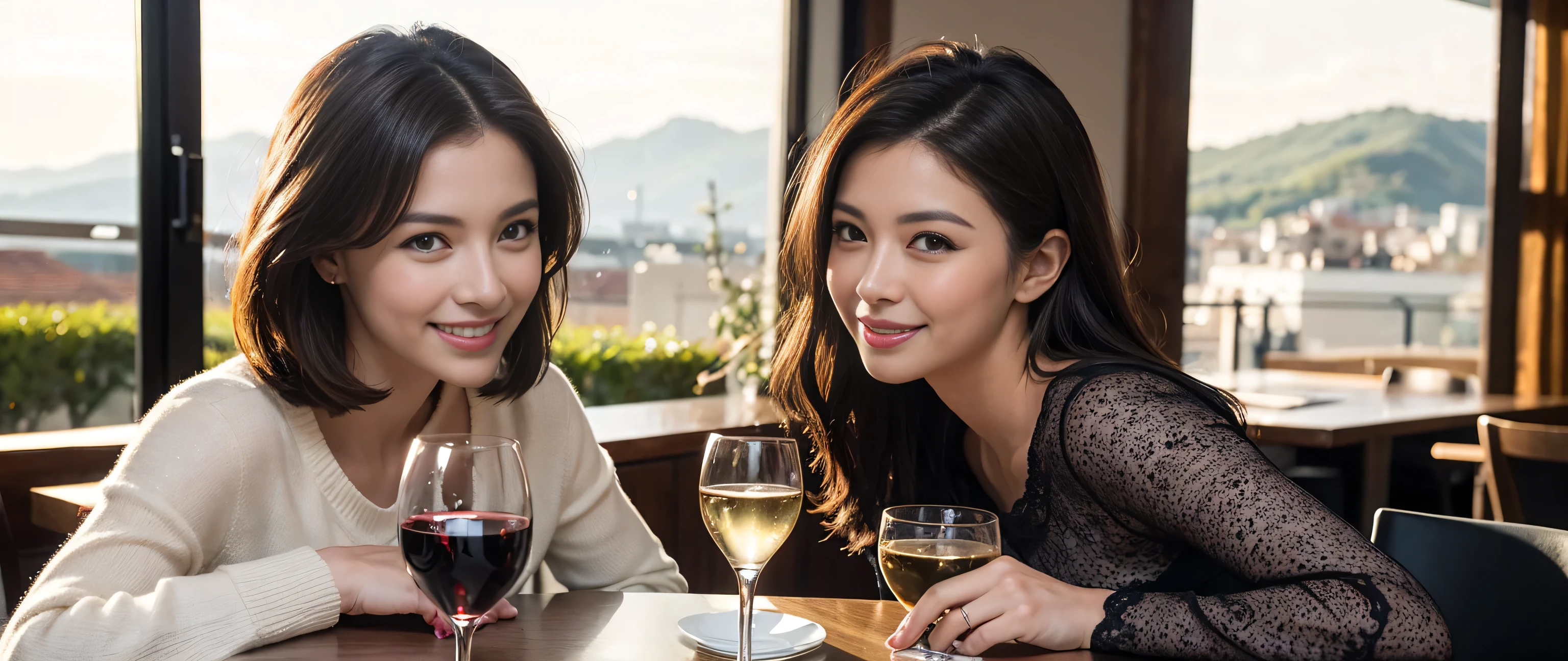 ((highest quality、8k、masterpiece:1.3))、Sharp focus:1.2、Beautiful woman perfect body:1.4、Slim body、((Bob Hale、Straight hair:1.2))、(to be born, highest quality, masterpiece:1.5), (Realistic, Intricate details:1.2), Wine glass on the table、Shine the light in your face、 Amazing view of the sunset sky and clouds、Amazing mountain views、A bright smile、A lovely woman with a smile、Bright image、The beauty of wine, Beautiful Face, blue eyes, The light shines on your face, Blushing, short hair,Bright Face、Fox face、 (43 years old), 39 years old, Lady、red wine 、Appetizers、Italian food、Wine bottle、Champagne、sparkling wine、Two beauties、Brown Hair、Shortcuts、Long sleeve shirt、dress、Pretty Woman 1, (Slim face), (The body is slim), (Brown Hair), (Shortcuts), cheeks turn a little red,Attractive beauty、, Out of the window, A beautiful and detailed night view unfolds.........., restaurant, In a prominent place (From the waist up) Nova Frog Style, actress, model, Upper Body, White wine, slim, wine glass, A wine glass placed in the middle, smile, (smile: 1.15), Beautiful fine grain, Depth f/2,saturation, High Contrast, Strong light and shadow,Moist Body:1.5、3D texture、Delicate eyes、Brown Hair、The hair is very shiny、
