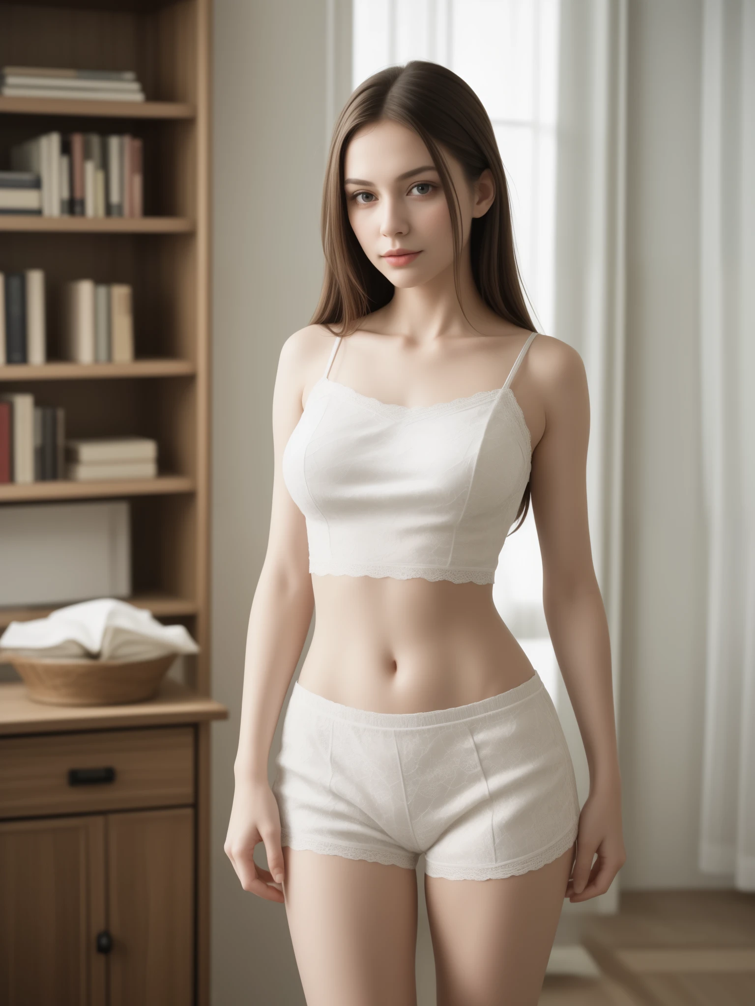 (Best quality, photorealistic, highres, reality, realistic detail), close-up portrait, 1 gorgeous young girl, look alike Dasha Taran, tall, (slim body shape), slender feminine appearance, (huge breasts), delicate beautiful face, smirk, (((wearing lace camisole shirt. and mini running shorts))), bright and airy living room, minimal theme room, daytime, bookshelf, armchair, standing in front of bookshelf.
