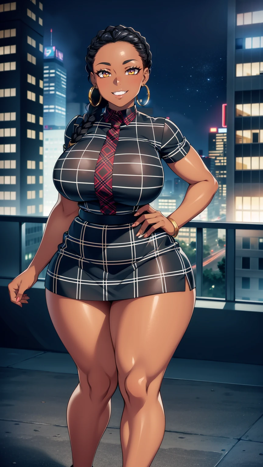 4K Quality, grinning, sexy pose, black plaid miniskirt, standing up, black african braids, dark skinned, thick thighs, big breasted, big ass, looking at viewer, braided hair, amber eyes, night time, bedroom eyes, full body, city background, perfect face, perfect body, perfect eyes, full lips, hoop earrings,