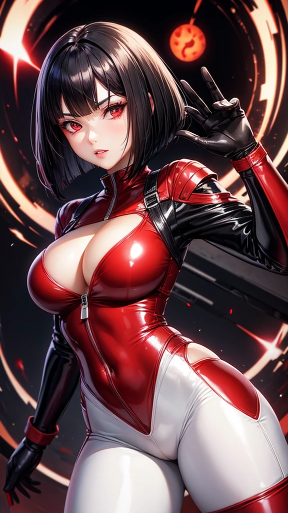 Beautiful young lady ,tight  latex shiny,Black hair bob,red eyes, ninja girl, sexy lady, white and red pants,