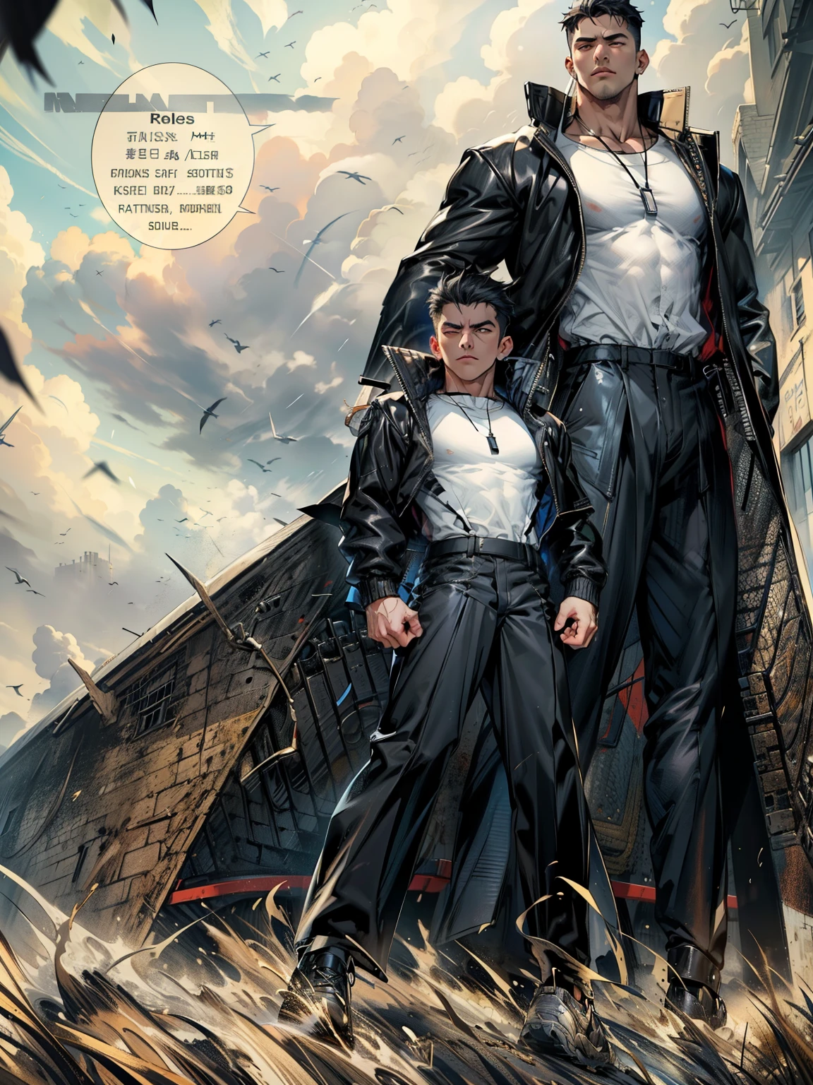 boys 26 Years old, Serious face, ((muscular)), black hair, wearing long lather jacket, round neck shirts, black trousers, Black Oxford shoes, ((hands behind his back)), levitates on sky, sky, cloud