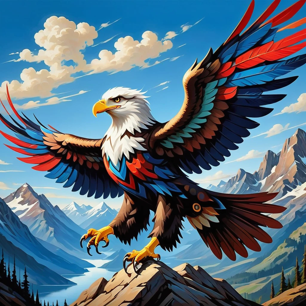 Imagine a majestic eagle in flight, wings spread wide with the rich hues of red and blue adorning its feathers. This symbolizes  and strength, reflected in the bird's confident pose and piercing gaze that radiate determination and liberation. Instead of referencing Jackson Pollock's dynamic brushstrokes, think of the creation of this image as akin to the energetic and expressive style found in some abstract expressionist works of art, produced in the early 20th century. The camera is from a low angle, amplifying the dominant nature of the eagle and magnifying the expansive sky. In the background, a towering mountain range creates a picturesque setting, a symbol of exploration and conquest. This artwork is imbued with nature-inspired symbolism that evokes awe and respect for the planet. The eagle, in this composition, stands as a token of our inherent desire for autonomy and the boundless opportunities that await.