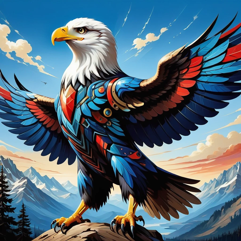 Imagine a majestic eagle in flight, wings spread wide with the rich hues of red and blue adorning its feathers. This symbolizes  and strength, reflected in the bird's confident pose and piercing gaze that radiate determination and liberation. Instead of referencing Jackson Pollock's dynamic brushstrokes, think of the creation of this image as akin to the energetic and expressive style found in some abstract expressionist works of art, produced in the early 20th century. The camera is from a low angle, amplifying the dominant nature of the eagle and magnifying the expansive sky. In the background, a towering mountain range creates a picturesque setting, a symbol of exploration and conquest. This artwork is imbued with nature-inspired symbolism that evokes awe and respect for the planet. The eagle, in this composition, stands as a token of our inherent desire for autonomy and the boundless opportunities that await.