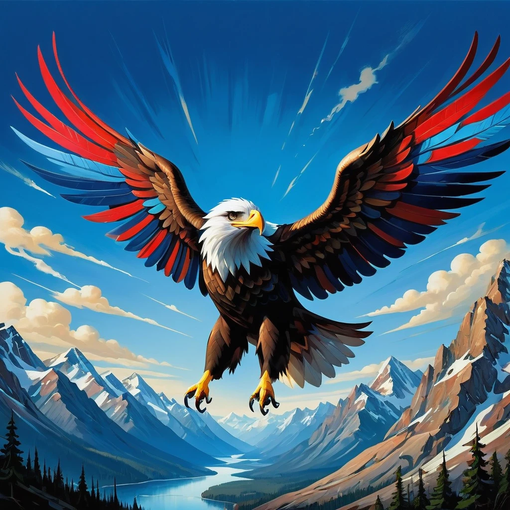 Imagine a majestic eagle in flight, wings spread wide with the rich hues of red and blue adorning its feathers. This symbolizes  and strength, reflected in the bird's confident pose and piercing gaze that radiate determination and liberation. Instead of referencing Jackson Pollock's dynamic brushstrokes, think of the creation of this image as akin to the energetic and expressive style found in some abstract expressionist works of art, produced in the early 20th century. The camera is from a low angle, amplifying the dominant nature of the eagle and magnifying the expansive sky. In the background, a towering mountain range creates a picturesque setting, a symbol of exploration and conquest. This artwork is imbued with nature-inspired symbolism that evokes awe and respect for the planet. The eagle, in this composition, stands as a token of our inherent desire for autonomy and the boundless opportunities that await.