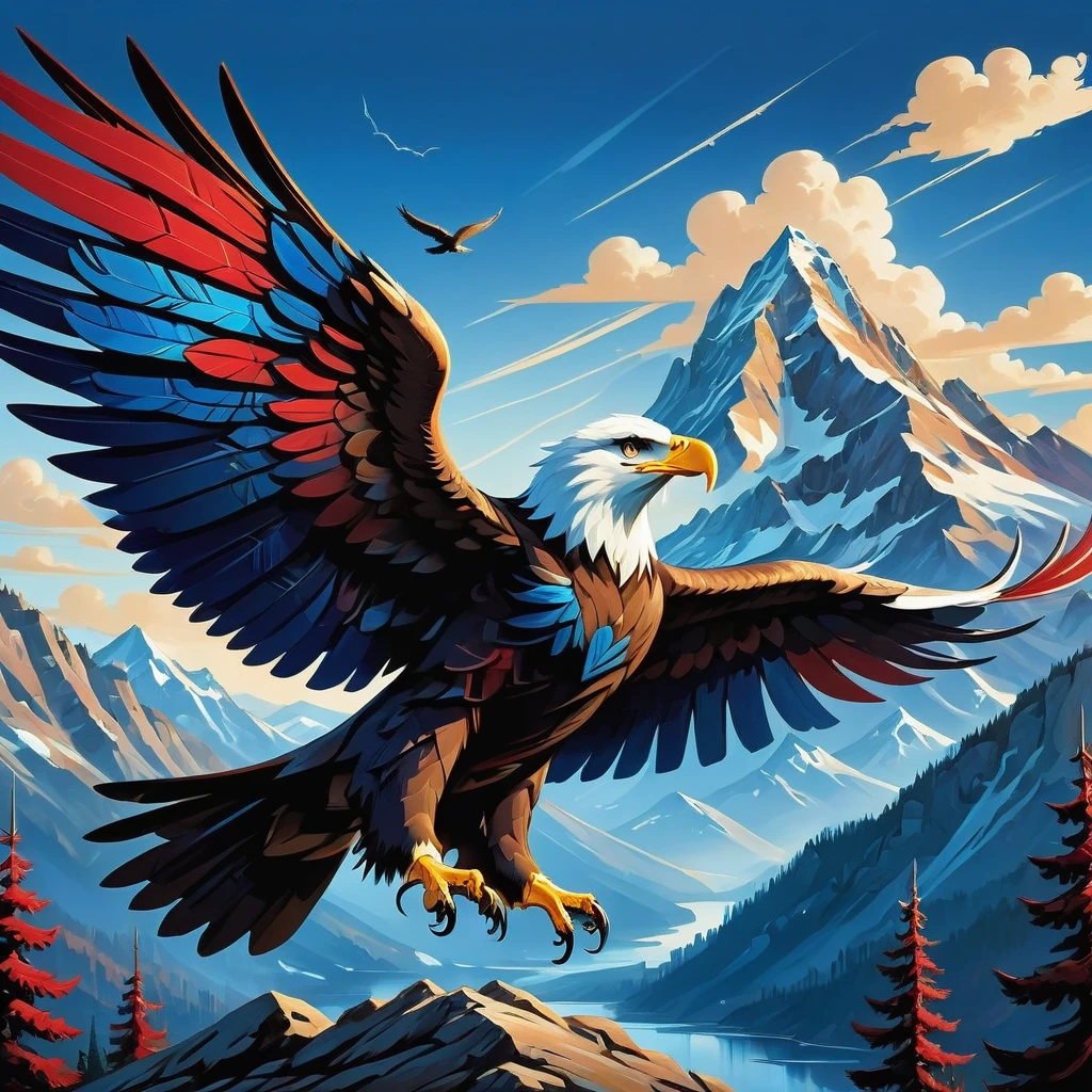 Imagine a majestic eagle in flight, wings spread wide with the rich hues of red and blue adorning its feathers. This symbolizes  and strength, reflected in the bird's confident pose and piercing gaze that radiate determination and liberation. Instead of referencing Jackson Pollock's dynamic brushstrokes, think of the creation of this image as akin to the energetic and expressive style found in some abstract expressionist works of art, produced in the early 20th century. The camera is from a low angle, amplifying the dominant nature of the eagle and magnifying the expansive sky. In the background, a towering mountain range creates a picturesque setting, a symbol of exploration and conquest. This artwork is imbued with nature-inspired symbolism that evokes awe and respect for the planet. The eagle, in this composition, stands as a token of our inherent desire for autonomy and the boundless opportunities that await.