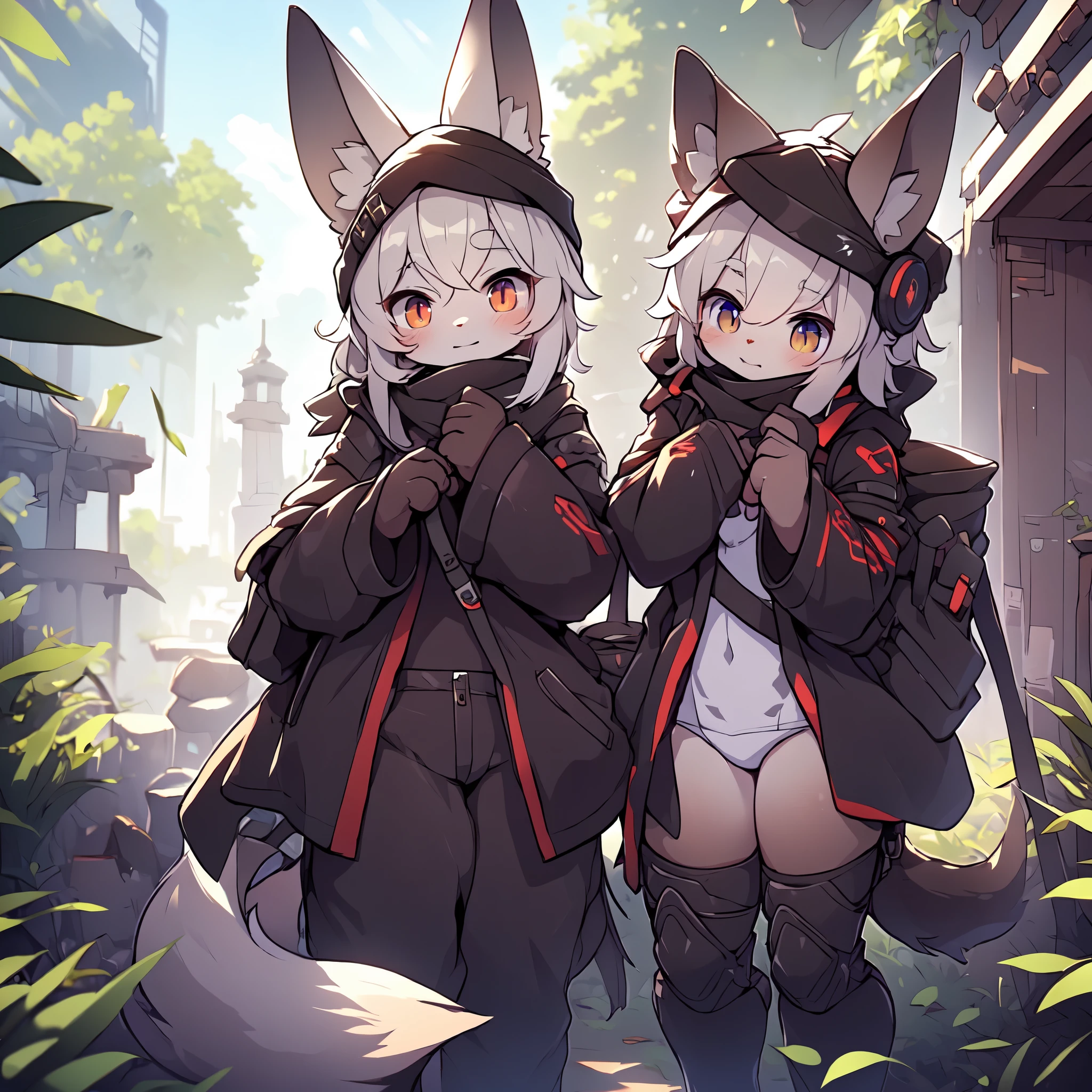 Kawaii, Striped Fluffy Fox, emaciated, long hair, 3girls, artificial synthetic skin, life support prosthetics, digital headphones, black tight latex bodysuit, white long dress, thigh-high-socks, shorts, loose off-the-shoulder hood open jacket, holsters in thigh, Mechanical boots, tactical knee pads, tactical belted loose Arm Sleeves, cybernetic Display gloves, chest rigs, tactical belts, blue archive halo, bulletproof goggles on forehead, from Ark nights, ray tracing, depth of field, bloom, masterpiece, ccurate, high details, highres