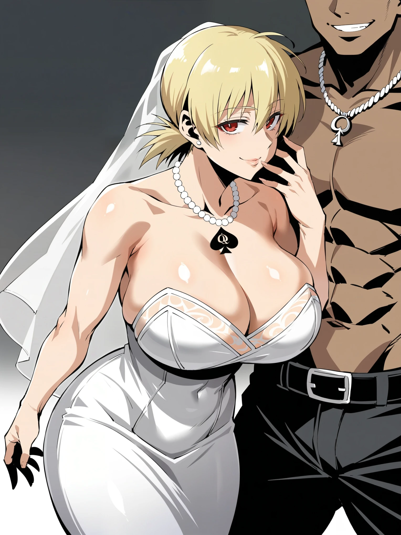 score_9, score_8_up, score_7_up, 1girl, looking at viewer, wedding gown, standing wedding, indoors, hellsing, blonde, red eyes, huge breasts, rating:safe, sfw, closeup, solo, abs, narrow waist, tiny waist, mature female, smile,  necklace, 1boy, dark skinned male, size difference, huge male, faceless male, kissing, blacked, qos, queen of spades, BLACKED tattoos, raceplay, ntr, ikuchan