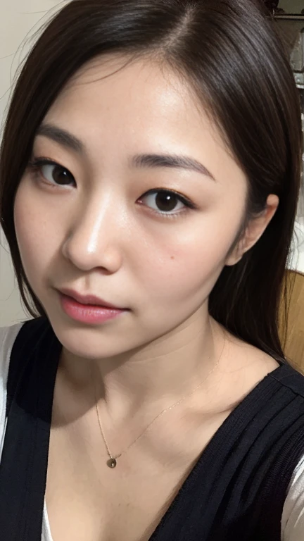 highest quality,masterpiece,Ultra-high resolution,(Realistic:1.4),Beautiful lighting, (Highly detailed CG Unity 8k wallpaper), Beautiful face in every detail,Detailed clothing, 50mm portrait photography, One Girl,Big black eyes, cute, young, stop temporarily, Facial lighting, Physically Based Rendering,Written boundary depth , Brown Hair, Mole under the eye,(Serious face), ((Take from above)), (Open your mouth wide),Japanese women、20-year-old、camisole、Young beautiful woman taking selfie, Taken with iPhone camera