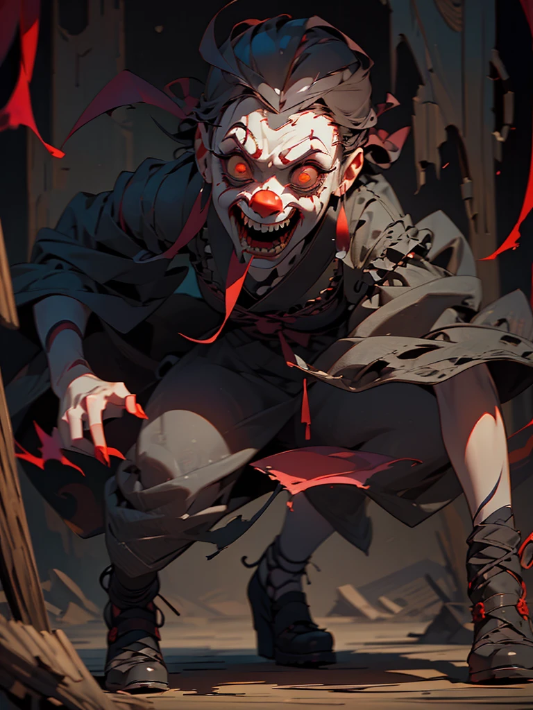 Best Quality、Horror、spooky笑顔、Red Nose、Detailed face、Scary atmosphere、Dark Background、Dramatic lighting、Sharp focus、an ominous、evil夢、Scary Clown、Scary look、emotion、Bared teeth、A big smile、Red lips、evil、Unforgettable、evil夢のような、Anxious、Night view、spooky笑い、Intense gaze、A frightening personality、Distorted face、Intimidation、Gothic、Sharp Eye、evil夢のような風景、spooky、spooky、Horror映画の美学、evil夢の燃料、Unforgettableほど美しい、A terrifying presence、evil夢を引き起こす、Shadow、spooky雰囲気,(残酷なHorror:1.1、暗くてspooky雰囲気)、A spine-chilling scream、Dimly lit room、Abandoned and dilapidated building、陰惨でspooky詳細、An atmosphere full of suspense and tension、Psychological horror、強くてScary look、神秘的でAnxious雰囲気、A terrifying moment、Unforgettable、Heart-wrenching scenes、evil夢のシナリオ、The twisted madness of a murderer、Smiling clown、bright red nose、Open costume、Dramatic lighting effects、Striped shirt、Big shoes、Enthusiastic atmosphere、Mischievous Smile、Expressive gestures、Comical movement、Circus Tent、Festive mood、Exciting performance