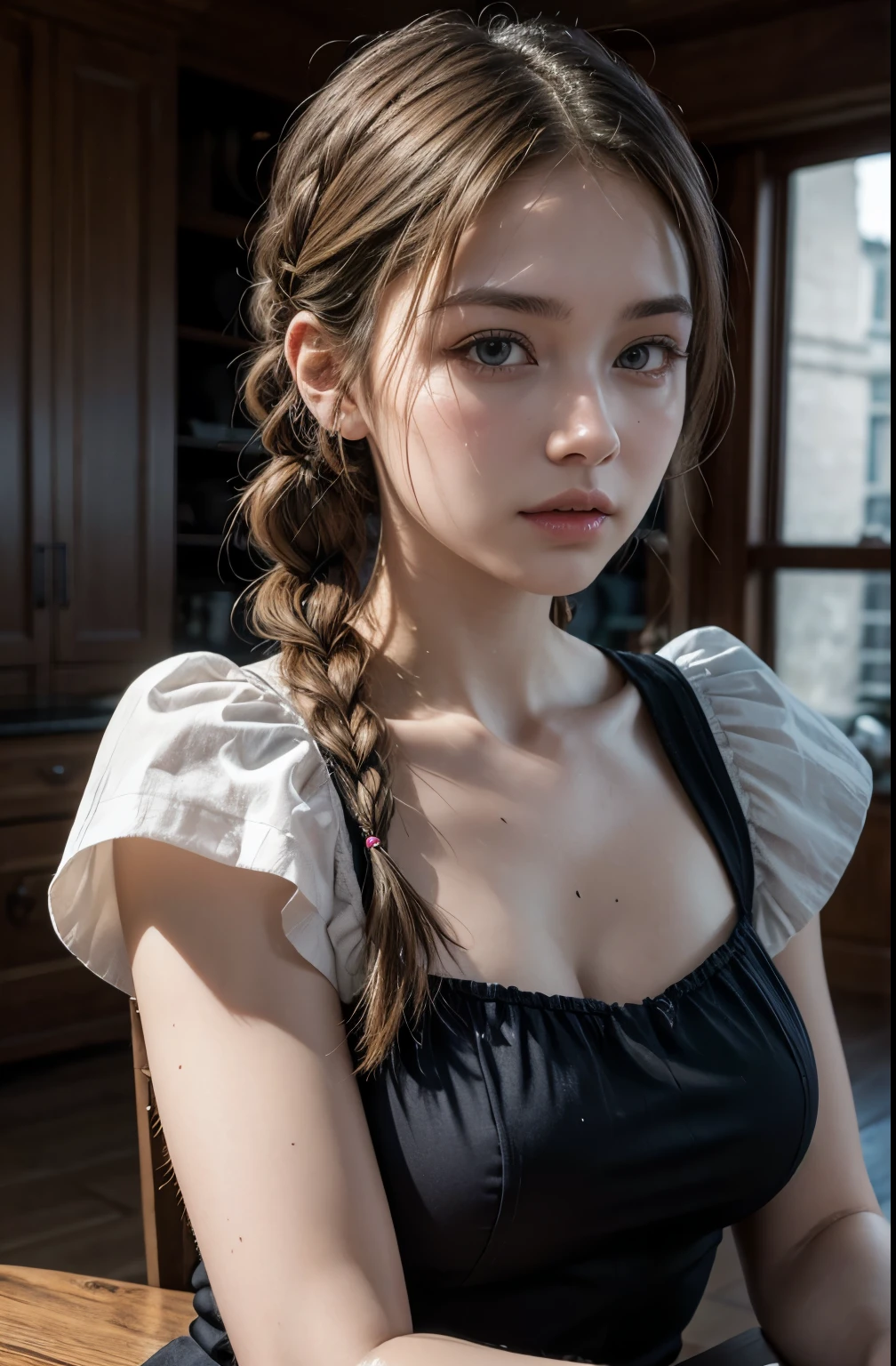 8k, Tabletop, Very detailed, alone, Breathtakingly beautiful,1girl, (Mature Woman), (Maid), (French Braid),