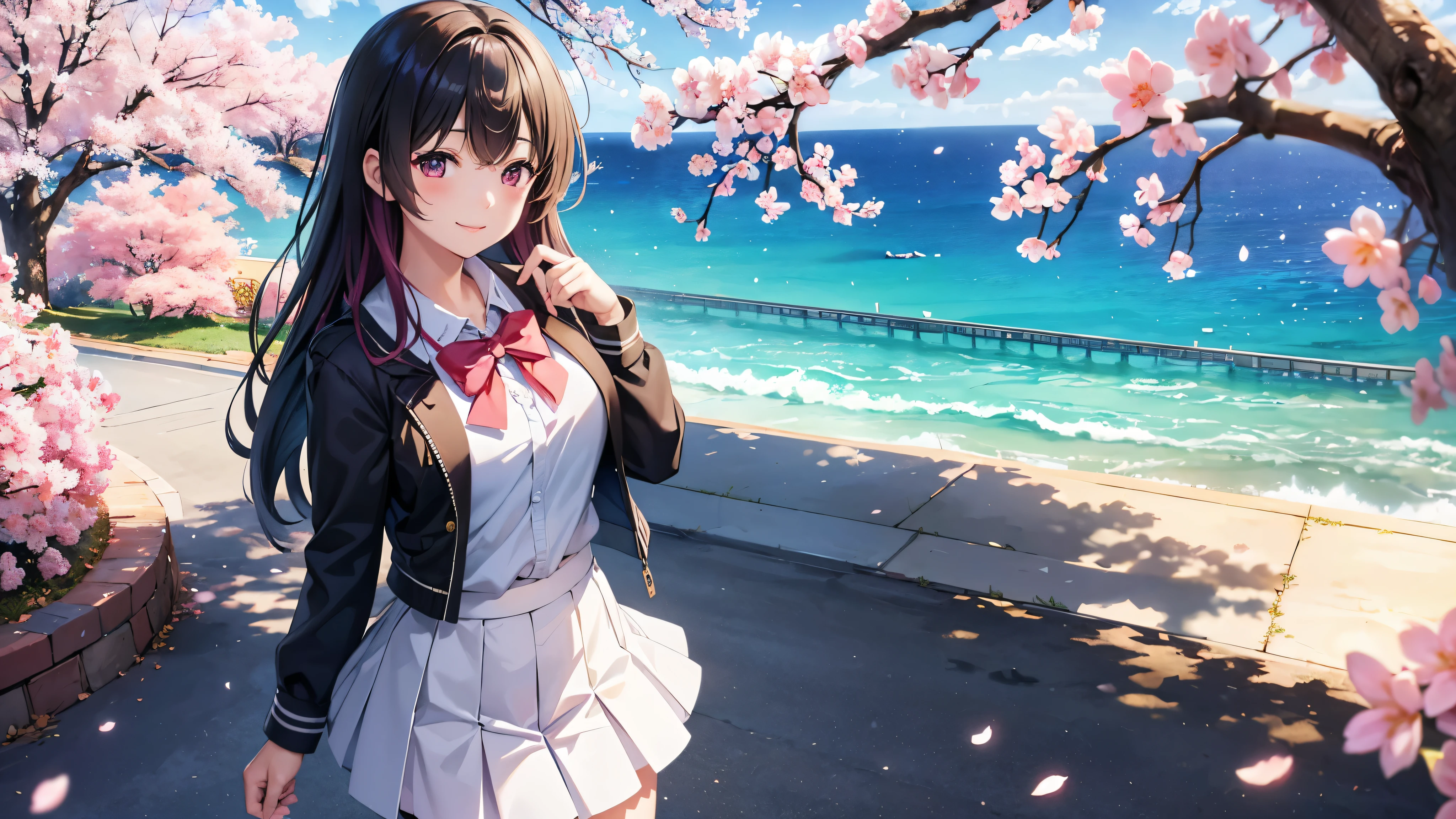 Vivid colors, Ultra-realistic shading, Very detailed, Nice views, Beautiful transparency, super high quality, extend, ((Add Layer 2.7)), vivid, Super Bright Color 1.5, (high-definition CG unity 8け wallpaper: 1.3 ), beautiful,With cherry blossoms in full bloom as a background、A cute high school girl is smiling、Nice body、the skirt is short,、
