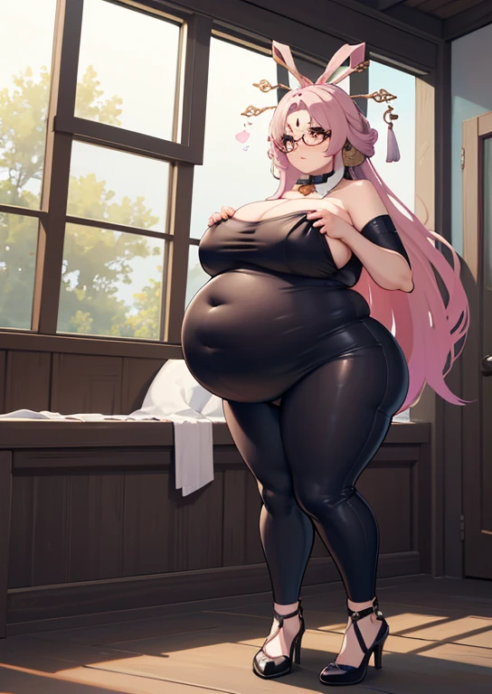 (masterpiece, best quality, highly detailed), 1girls, big belly, huge belly, art by kipteitei, round belly, chubby, curvy, belly grab, enormous belly, fat belly, thicc, bigger belly, really big belly, jiggly belly, glasses, bunnysuit, tight breasts, ((full body))