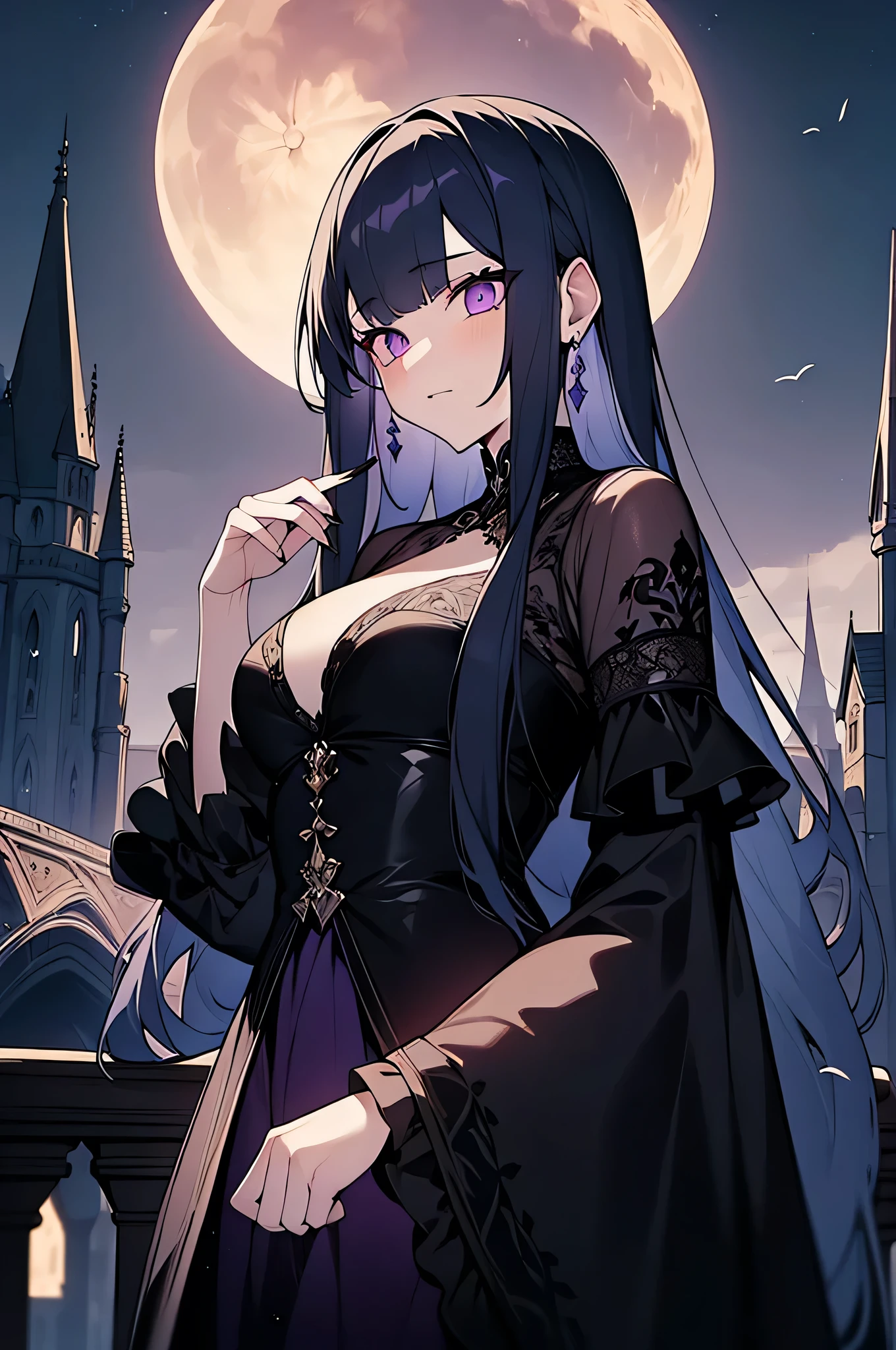 (8k, HD, best quality, intricate details, dark colors, masterpiece: 1.2) a pale lady in regal gothic finery paints the landscape onto a canvas, foldable easel, purple eyes, long black hair, moonrise background, castle setting, small breasts