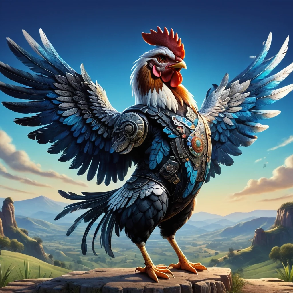 Animated image of a chicken armed with two pistols，Chicken showing fearless expression，Wings hold the pistol tightly，Its feathers are vibrant multi-colored hues，The pistol is black and silver，The background is a simple and rustic rural environment，Rolling hills and clear blue skies