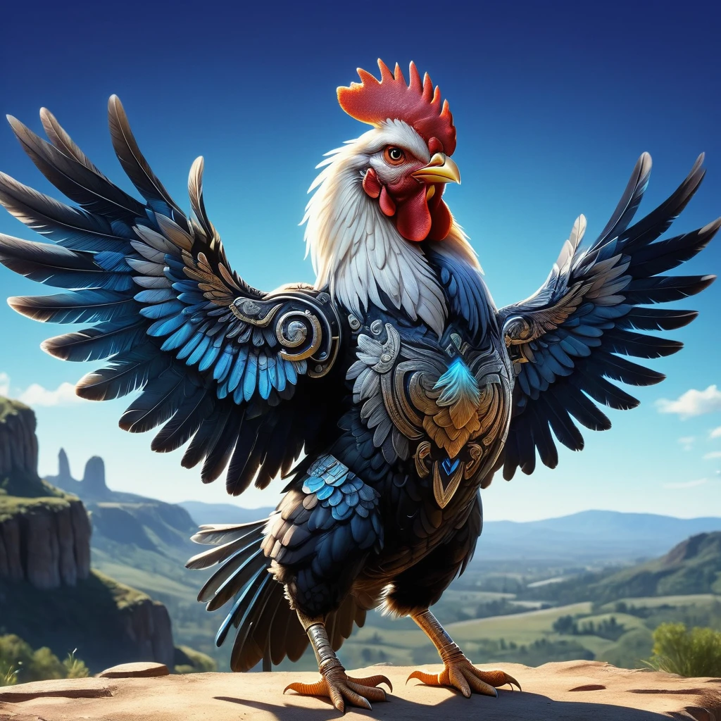 Animated image of a chicken armed with two pistols，Chicken showing fearless expression，Wings hold the pistol tightly，Its feathers are vibrant multi-colored hues，The pistol is black and silver，The background is a simple and rustic rural environment，Rolling hills and clear blue skies