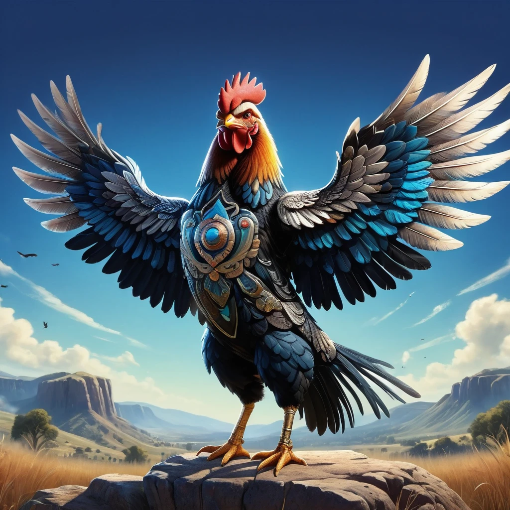 Animated image of a chicken armed with two pistols，Chicken showing fearless expression，Wings hold the pistol tightly，Its feathers are vibrant multi-colored hues，The pistol is black and silver，The background is a simple and rustic rural environment，Rolling hills and clear blue skies