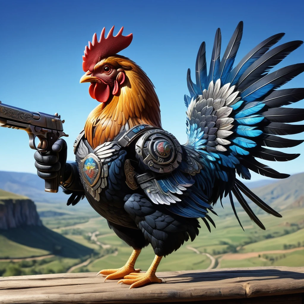 Animated image of a chicken armed with two pistols，Chicken showing fearless expression，Wings hold the pistol tightly，Its feathers are vibrant multi-colored hues，The pistol is black and silver，The background is a simple and rustic rural environment，Rolling hills and clear blue skies