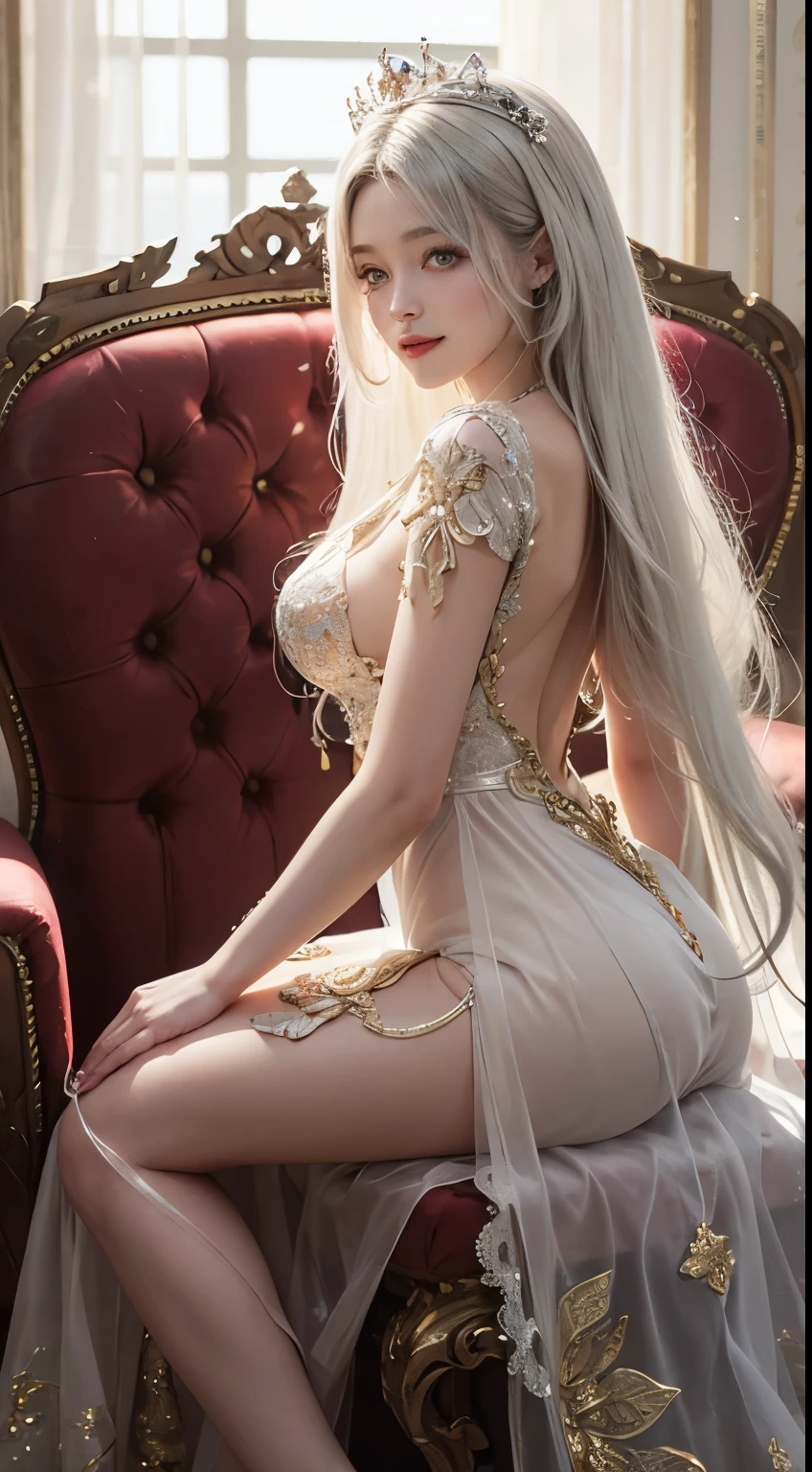 (masterpiece:1.2), highest quality, (figure:1.2), (Very detailed), Hyper Details, (Delicate and detailed), (Intricate details), (Cinematic Light, highest quality Backlights), Clear lines, From below, soloist, Perfect body, (One girl), White hair and yellow eyes, (Emperor, See-through clothing), (Crown: 1.1), Sitting on the throne, smile, (shy: 1.2 ), (compensate), High Contrast, (Best lighting, Very creative and beautiful), (Cinematic Light), colorful
