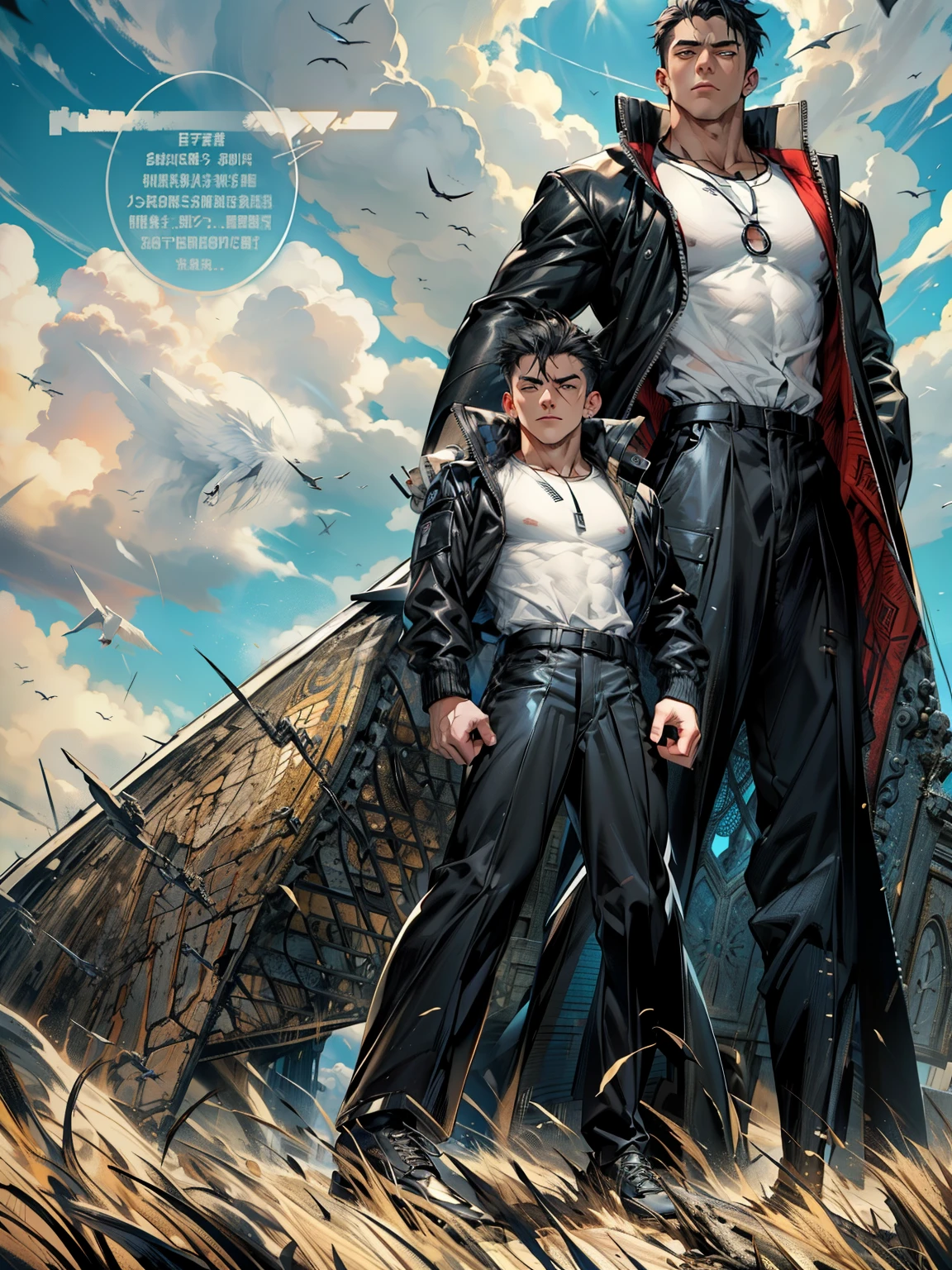 boys 26 Years old, Serious face, ((muscular)), black hair, wearing long lather jacket, round neck shirts, black trousers, Black Oxford shoes, ((hands behind his back)), levitates on sky, sky, cloud