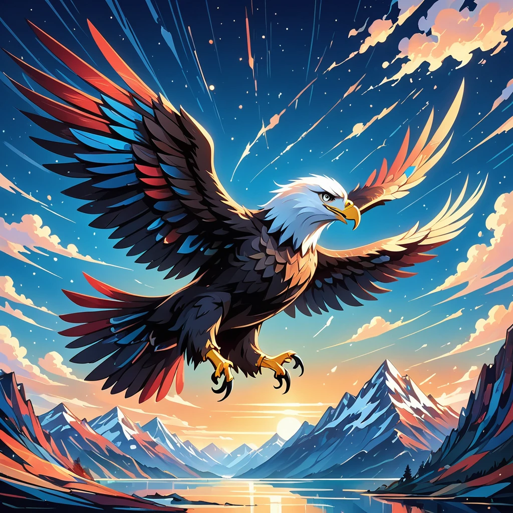 Imagine a majestic eagle in flight, wings spread wide with the rich hues of red and blue adorning its feathers. This symbolizes  and strength, reflected in the bird's confident pose and piercing gaze that radiate determination and liberation. Instead of referencing Jackson Pollock's dynamic brushstrokes, think of the creation of this image as akin to the energetic and expressive style found in some abstract expressionist works of art, produced in the early 20th century. The camera is from a low angle, amplifying the dominant nature of the eagle and magnifying the expansive sky. In the background, a towering mountain range creates a picturesque setting, a symbol of exploration and conquest. This artwork is imbued with nature-inspired symbolism that evokes awe and respect for the planet. The eagle, in this composition, stands as a token of our inherent desire for autonomy and the boundless opportunities that await.