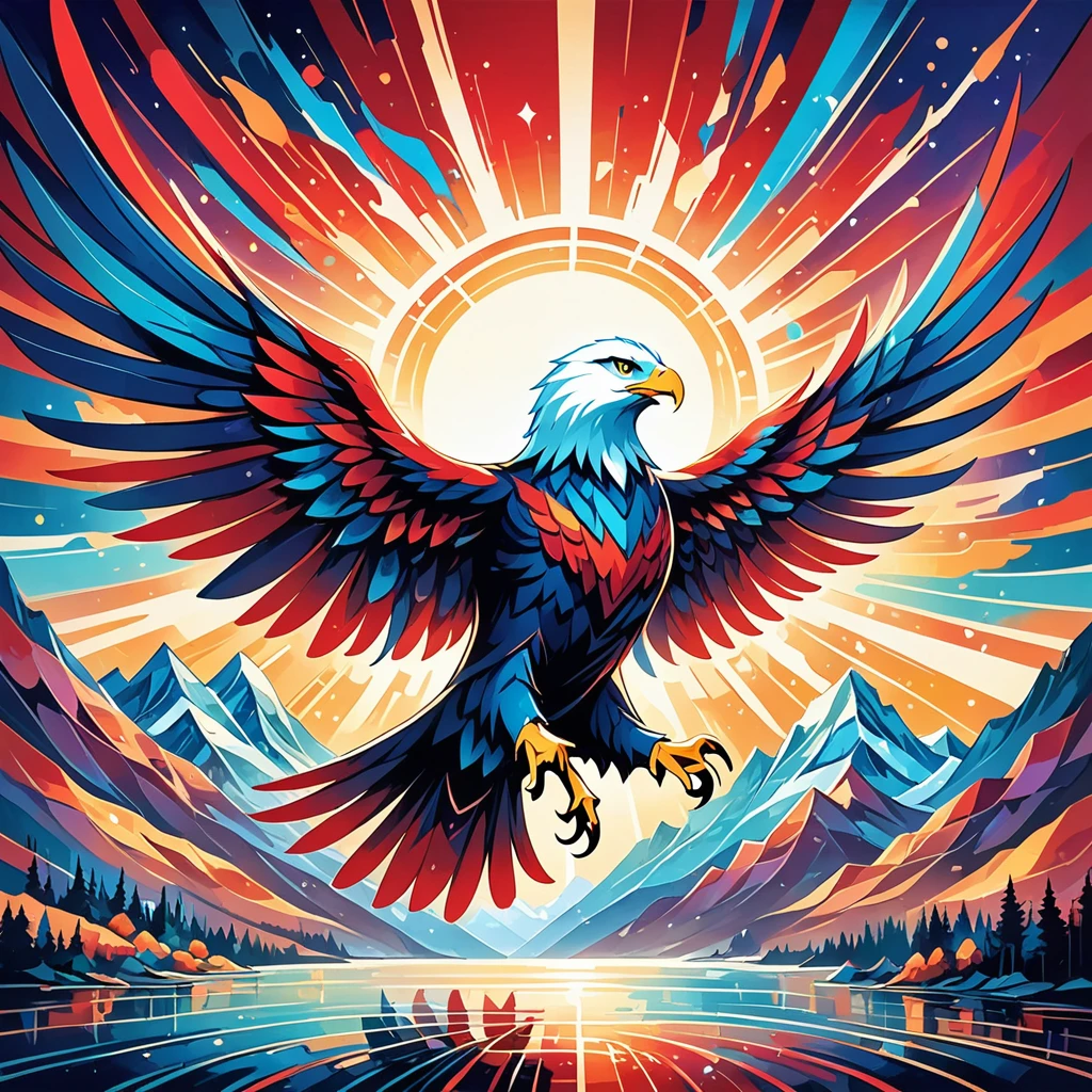 Imagine a majestic eagle in flight, wings spread wide with the rich hues of red and blue adorning its feathers. This symbolizes  and strength, reflected in the bird's confident pose and piercing gaze that radiate determination and liberation. Instead of referencing Jackson Pollock's dynamic brushstrokes, think of the creation of this image as akin to the energetic and expressive style found in some abstract expressionist works of art, produced in the early 20th century. The camera is from a low angle, amplifying the dominant nature of the eagle and magnifying the expansive sky. In the background, a towering mountain range creates a picturesque setting, a symbol of exploration and conquest. This artwork is imbued with nature-inspired symbolism that evokes awe and respect for the planet. The eagle, in this composition, stands as a token of our inherent desire for autonomy and the boundless opportunities that await.