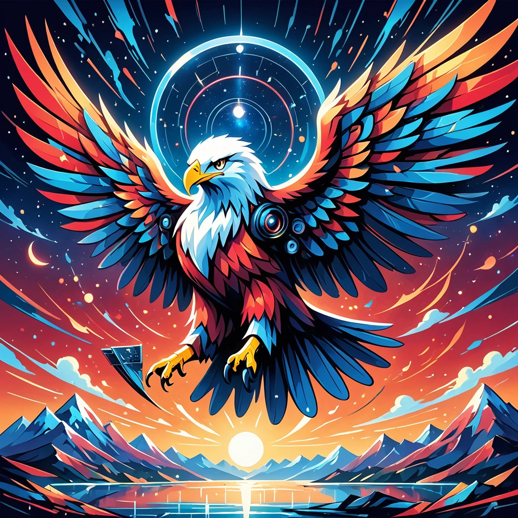 Imagine a majestic eagle in flight, wings spread wide with the rich hues of red and blue adorning its feathers. This symbolizes  and strength, reflected in the bird's confident pose and piercing gaze that radiate determination and liberation. Instead of referencing Jackson Pollock's dynamic brushstrokes, think of the creation of this image as akin to the energetic and expressive style found in some abstract expressionist works of art, produced in the early 20th century. The camera is from a low angle, amplifying the dominant nature of the eagle and magnifying the expansive sky. In the background, a towering mountain range creates a picturesque setting, a symbol of exploration and conquest. This artwork is imbued with nature-inspired symbolism that evokes awe and respect for the planet. The eagle, in this composition, stands as a token of our inherent desire for autonomy and the boundless opportunities that await.